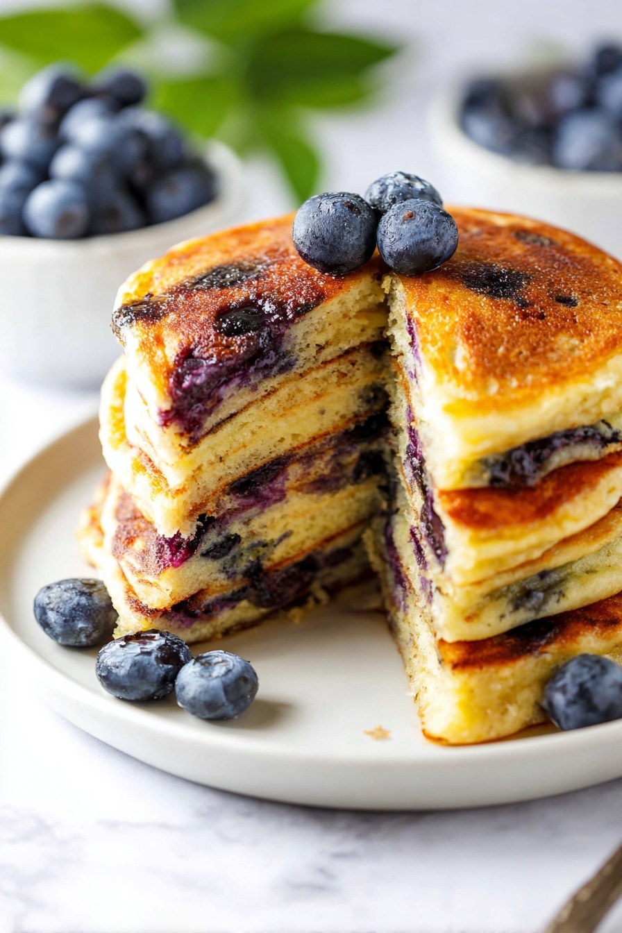 Blueberry Cottage Cheese Pancakes Recipe 6 A stack of five thick, golden-brown blueberry pancakes sits on a white plate over a white marbled surface. The pancakes have a fluffy texture with visible blueberries cooked inside, creating purple spots in the layers. A wedge is cut out of the stack, showing the inside texture and blueberries clearly. Three fresh blueberries rest on top of the pancakes, and a white bowl filled with more blueberries is blurred in the background along with some green leaves. The lighting is bright and natural, highlighting the warmth and colors of the pancakes. Photo taken with an iphone --ar 2:3 --v 7 - Blueberry Cottage Cheese Pancakes, healthy blueberry pancakes, fluffy cottage cheese pancakes, easy blueberry pancake recipe, breakfast with blueberries