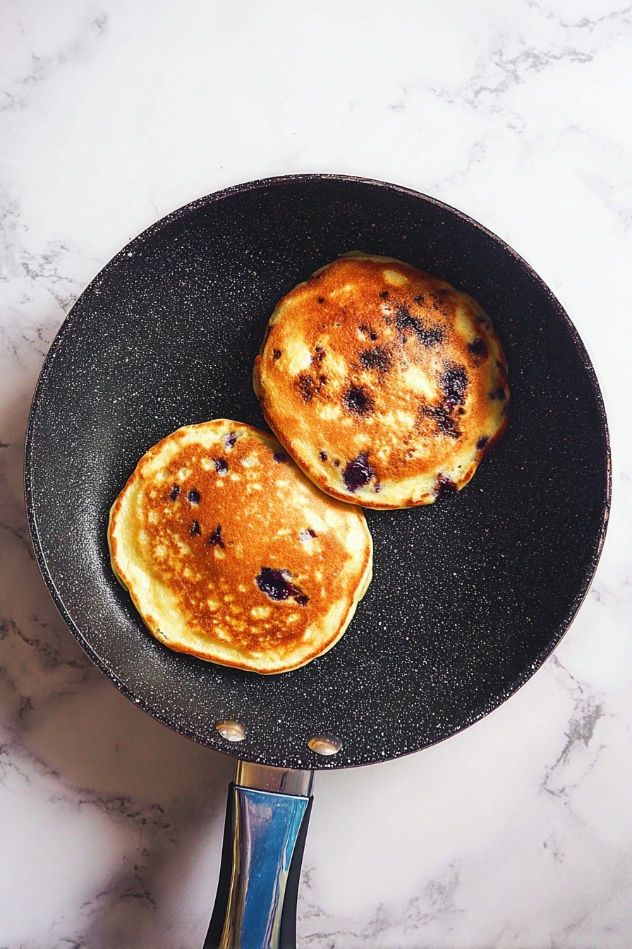 Blueberry Cottage Cheese Pancakes Recipe 8 Two thick pancakes with a golden-brown top and some darker spots are cooking in a black frying pan with a speckled texture and a black handle with a blue grip. The pancakes have uneven edges and slightly different sizes, with visible darker purple spots inside, likely berries. The pan sits on a white marbled surface. photo taken with an iphone --ar 2:3 --v 7 - Blueberry Cottage Cheese Pancakes, healthy blueberry pancakes, fluffy cottage cheese pancakes, easy blueberry pancake recipe, breakfast with blueberries