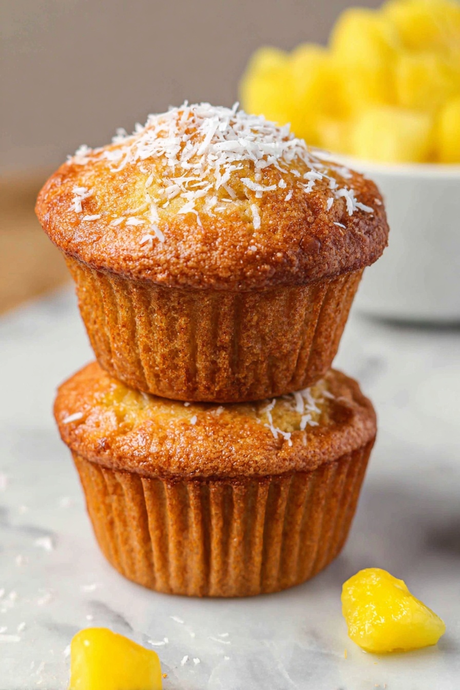 Cottage Cheese Pineapple Coconut Muffins Recipe 6 The image shows two golden brown muffins stacked on a white marbled surface. The bottom muffin sits upright while the top muffin leans against it at an angle. Both muffins are sprinkled with white shredded coconut on top, adding a rough, textured look. Next to the muffins are small yellow fruit pieces, and in the blurred background is a white bowl filled with more yellow fruit chunks. The lighting is soft, making the muffins look warm and fresh. photo taken with an iphone --ar 2:3 --v 7 - Cottage Cheese Pineapple Coconut Muffins, tropical muffin recipes, healthy fruit muffins, moist cottage cheese muffins, pineapple coconut breakfast muffins