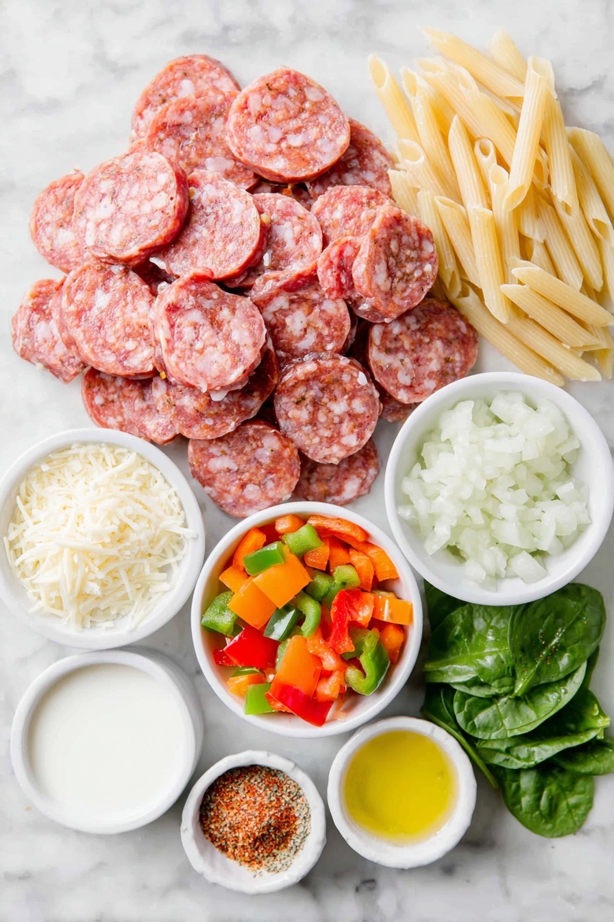 Creamy Cajun Sausage Pasta Recipe 7 Flat lay of sliced smoked Andouille sausage rounds, a small pile of uncooked penne pasta, a small white bowl of bright mixed-color diced bell peppers, a small white bowl of finely diced white onion, a small white bowl of deep red Cajun seasoning powder, a small white bowl of golden olive oil, a small white bowl of heavy cream, a small white bowl of shredded Parmesan cheese, a small white bowl of light brown garlic powder, a small white bowl of red cayenne pepper powder, fresh green spinach leaves, and a few sprigs of fresh parsley, all arranged symmetrically on a clean white marble surface, soft natural light, photo taken with an iPhone, professional food photography style, fresh ingredients, white ceramic bowls, no bottles, no duplicates, no utensils, no packaging --ar 2:3 --v 7 --p m7354615311229779997 - Creamy Cajun Sausage Pasta, Cajun sausage pasta recipe, easy Cajun pasta dinner, quick creamy sausage pasta, flavorful Cajun pasta dish