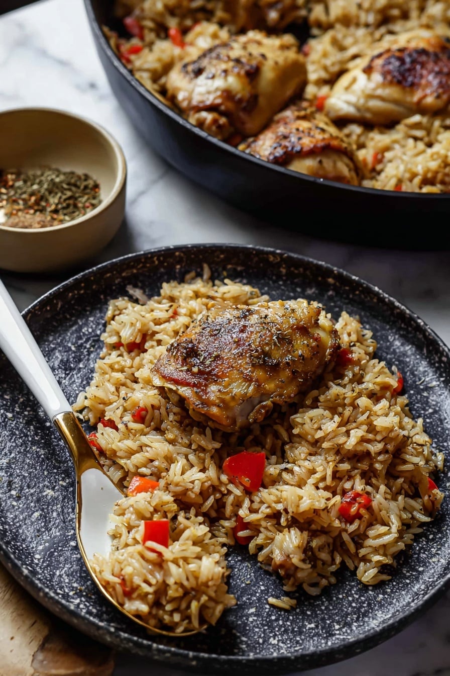 Jerk Chicken and Rice Recipe 6 The image shows a close-up of a dark speckled plate holding a serving of cooked rice mixed with small pieces of red bell pepper, along with two browned pieces of chicken on top. The rice is a light brown color with a slightly oily texture, and the chicken has a crispy, golden-brown skin with visible seasoning and herbs. A white and gold spoon rests on the plate, scooping up some rice. In the background, there is a black pan filled with more rice and chicken, along with a small beige bowl containing a spice mix. The setting is on a white marbled surface, giving a clean and simple look. photo taken with an iphone --ar 2:3 --v 7 - Jerk Chicken and Rice, jerk chicken recipe, Caribbean rice dish, spicy chicken and rice, one-pot jerk chicken rice