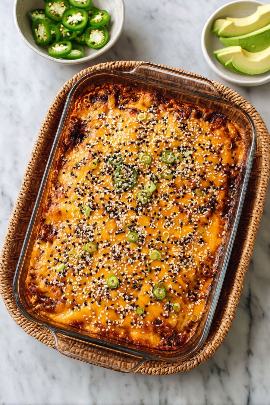 Spicy Salmon Sushi Bake Recipe 8 A glass baking dish filled with a baked dish that has a thick, golden-orange melted cheese layer on top, sprinkled with small black and white sesame seeds scattered evenly. The dish rests inside a woven basket tray, and in the upper right corner, there are two small white bowls; one has thin, bright green jalapeño slices and the other has sliced avocado with a smooth, pale green color. Everything is placed on a white marbled surface. Photo taken with an iphone --ar 2:3 --v 7 - Spicy Salmon Sushi Bake, sushi bake recipe, baked sushi casserole, spicy salmon sushi bowl, easy sushi bake