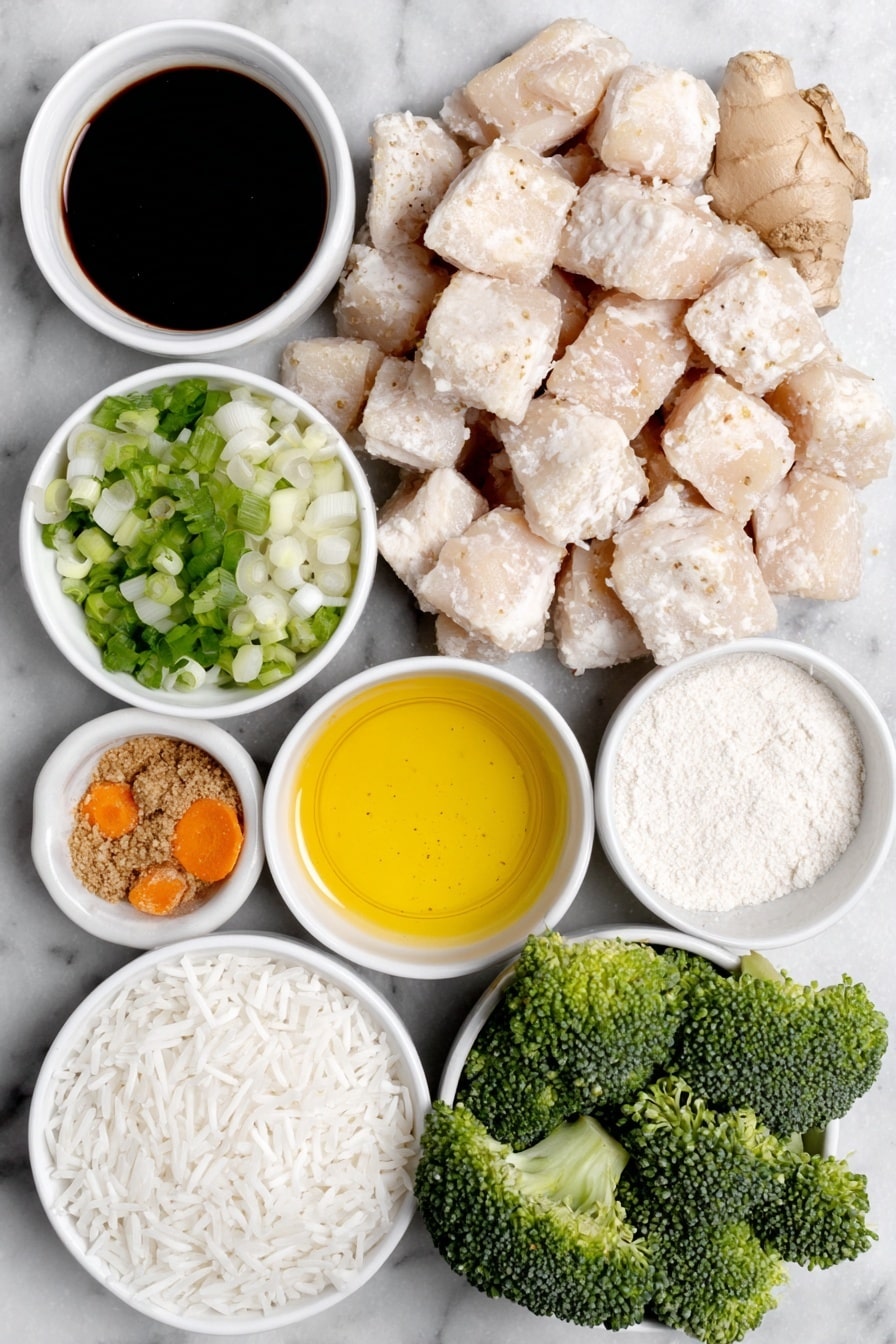 Easy Teriyaki Chicken Bowl Recipe 7 Flat lay of cubed raw boneless skinless chicken breasts, a small handful of light brown sugar crystals, fresh green onions chopped with white and green parts visible, scattered pale sesame seeds, a few fresh garlic cloves peeled and minced, a small mound of ground ginger powder, two small white ceramic bowls—one with dark soy sauce and one with clear water, a small white bowl with golden honey, another small white bowl with light amber rice vinegar, a small white bowl holding rich golden olive oil, a small white bowl containing translucent white cornstarch powder, a portion of cooked white rice fluffy and steaming, and a small pile of vibrant steamed green broccoli and orange carrot slices — all arranged with perfect symmetry on a clean white marble surface, soft natural light, photo taken with an iPhone, professional food photography style, fresh ingredients, white ceramic bowls, no bottles, no duplicates, no utensils, no packaging --ar 2:3 --v 7 --p m7354615311229779997 - Easy Teriyaki Chicken Bowl, easy chicken bowl, homemade teriyaki sauce, quick dinner recipe, healthy rice bowl