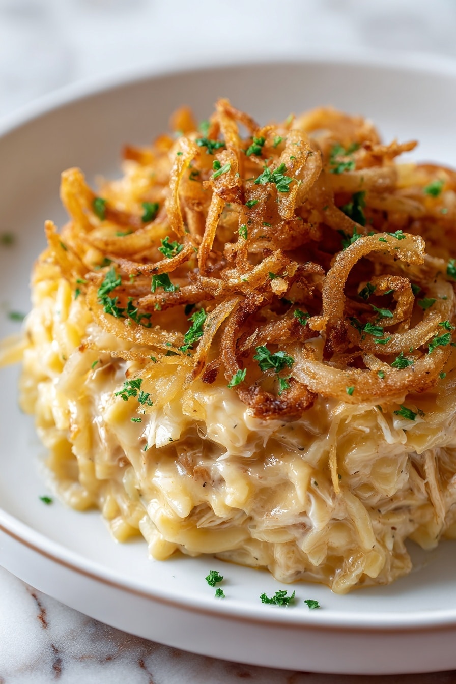 French Onion Chicken Orzo Bake Recipe 6 A round white plate holds a creamy noodle dish with three layers visible: the bottom layer is soft cooked noodles in pale yellow, the middle layer is melted light golden cheese mixed with creamy sauce and pieces of white meat, and the top layer is a mix of crispy golden brown fried onion rings sprinkled with small green parsley bits. The dish is arranged in a slightly heaped shape showcasing the textures clearly, all placed on a white marbled surface. Photo taken with an iphone --ar 2:3 --v 7 - French Onion Chicken Orzo Bake, comforting chicken orzo casserole, caramelized onion pasta bake, cheesy baked chicken orzo, easy dinner recipes with chicken