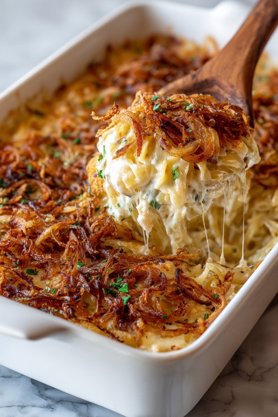 French Onion Chicken Orzo Bake Recipe 8 The dish shows a white rectangular baking dish filled with a layered casserole. The bottom layer is creamy pasta in a pale yellow sauce. On top of that, there is a golden-brown crispy topping mixed with melted white cheese. The top layer is crunchy fried onion strips with a deep caramel brown color, scattered with small green herb pieces. A wooden spoon lifts a portion, showing melted cheese strings stretching from the dish. The whole is placed on a white marbled surface. Photo taken with an iphone --ar 2:3 --v 7 - French Onion Chicken Orzo Bake, comforting chicken orzo casserole, caramelized onion pasta bake, cheesy baked chicken orzo, easy dinner recipes with chicken
