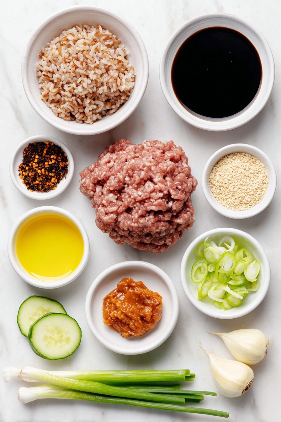 Korean Beef Bowls with Gochujang Recipe 7 Flat lay of a small white ceramic bowl of low sodium soy sauce, a small white ceramic bowl with light brown sugar, a small white ceramic bowl holding golden sesame oil, a small white ceramic bowl with crushed red pepper flakes, a mound of raw lean ground beef, a small pile of chopped yellow onion, two whole uncracked garlic cloves, a small piece of fresh ginger root with a bit grated, a simple mound of cooked brown rice, a small sliced cucumber with skin on, a small white ceramic bowl of bright red Gochujang sauce, a small pile of light brown sesame seeds, and two whole sliced scallions showing white and green parts, all arranged symmetrically on a clean white marble surface, soft natural light, photo taken with an iPhone, professional food photography style, fresh ingredients, white ceramic bowls, no bottles, no duplicates, no utensils, no packaging --ar 2:3 --v 7 --p m7354615311229779997 - Korean Beef Bowls with Gochujang, Korean beef bowl recipe, spicy beef bowls, easy Korean dinner, flavorful Korean bowls