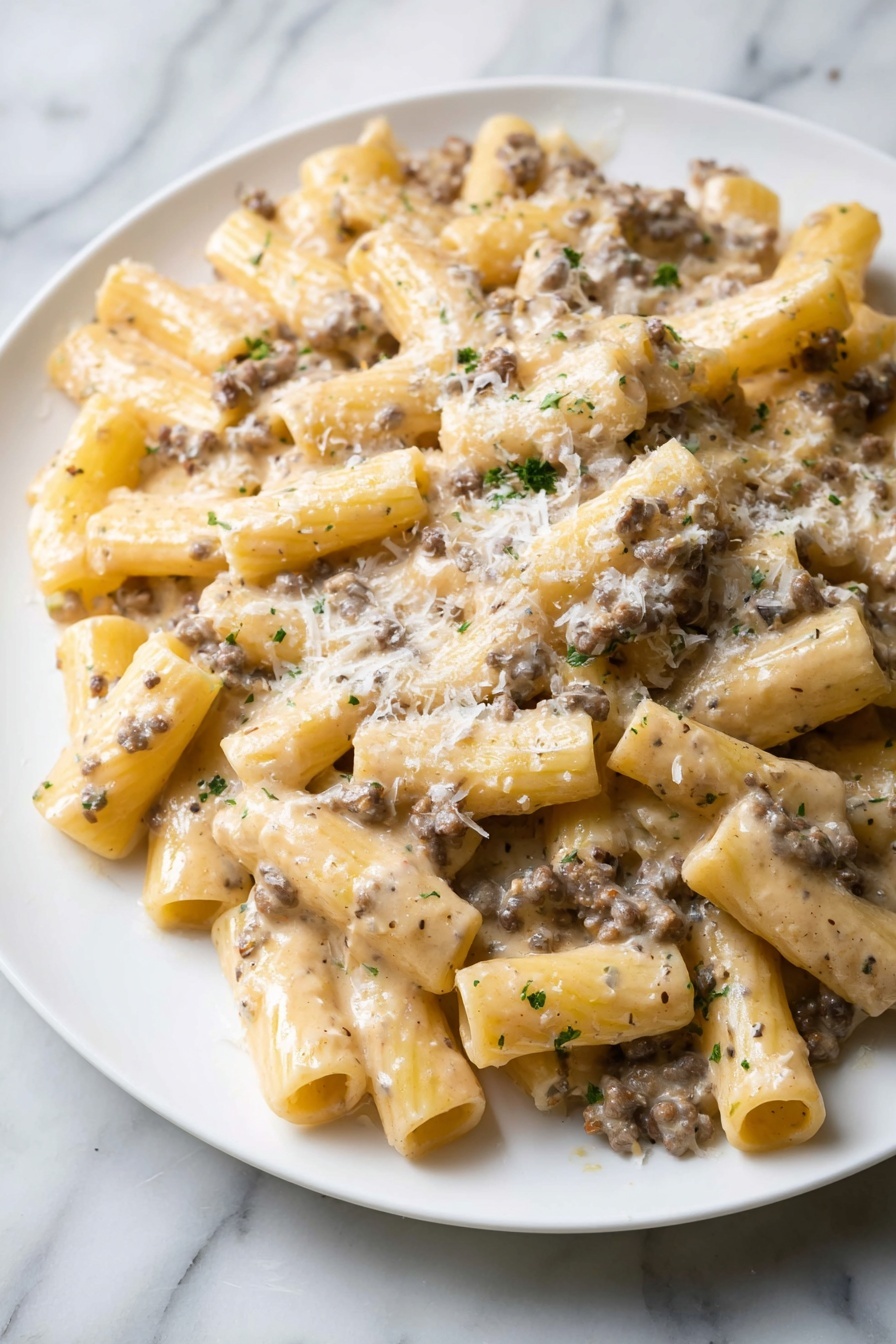 Creamy Ground Beef Pasta Recipe 8 A white plate with a single layer of rigatoni pasta covered in a creamy light brown sauce with tiny pieces of ground meat, topped with a light sprinkle of grated cheese. The pasta tubes are mixed and densely packed together, with the sauce evenly coating each piece, giving a smooth and slightly glossy look. The plate is on a white marbled surface. photo taken with an iphone --ar 2:3 --v 7 - Creamy Ground Beef Pasta, ground beef pasta recipes, easy creamy pasta dinner, one-pot ground beef pasta, cheesy beef pasta dish