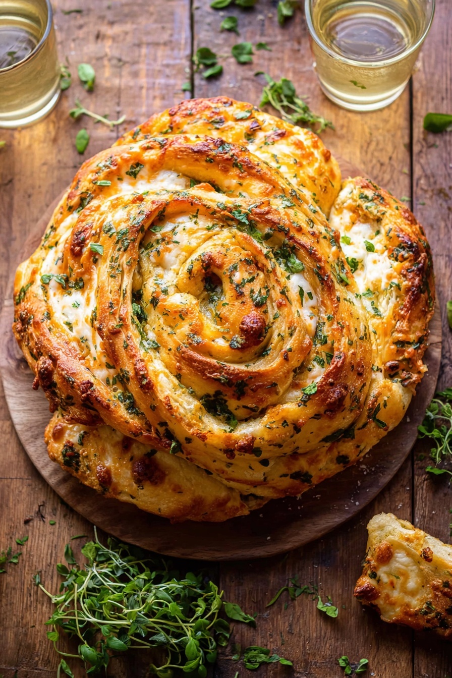 Garlic Herb Cheddar Cheese Bread Recipe 6 A thick spiral-shaped bread with multiple layers of golden brown dough mixed with melted white and orange cheese, sprinkled with small green herb leaves on top. The bread's outer layer is browned and slightly crisp, while the inside shows soft, cheesy, and fluffy swirls. It rests on a wooden surface with scattered fresh green herb sprigs, and two glasses of light-colored drink are nearby. The overall look is warm, cozy, and inviting. Photo taken with an iphone --ar 2:3 --v 7 - Garlic Herb Cheddar Cheese Bread, cheesy bread recipe, homemade garlic bread, herb cheese bread, quick bread with cheese and herbs