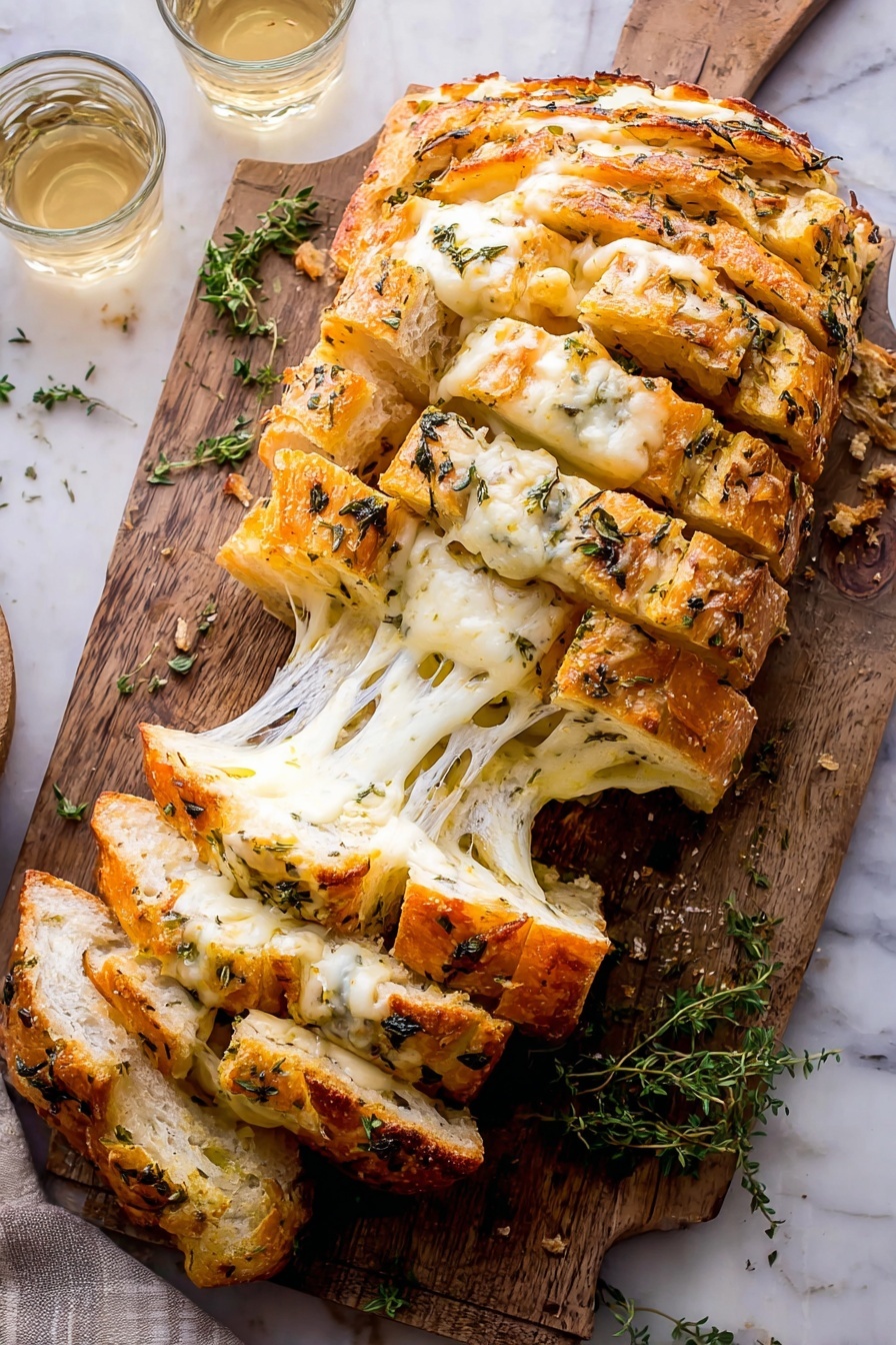 Garlic Herb Cheddar Cheese Bread Recipe 8 The image shows a loaf of bread sliced into several pieces, with melted cheese stretching between the slices, giving a gooey, stretchy texture. The bread has a golden-brown crust with herbs and melts of white and orange cheese on top, creating a layered look of soft, melted cheese inside and a crusty outer layer. The loaf rests on a wooden board with some green herbs around it, and two glasses of light-colored drinks are visible in the background. The surface is a white marbled texture. photo taken with an iphone --ar 2:3 --v 7 - Garlic Herb Cheddar Cheese Bread, cheesy bread recipe, homemade garlic bread, herb cheese bread, quick bread with cheese and herbs