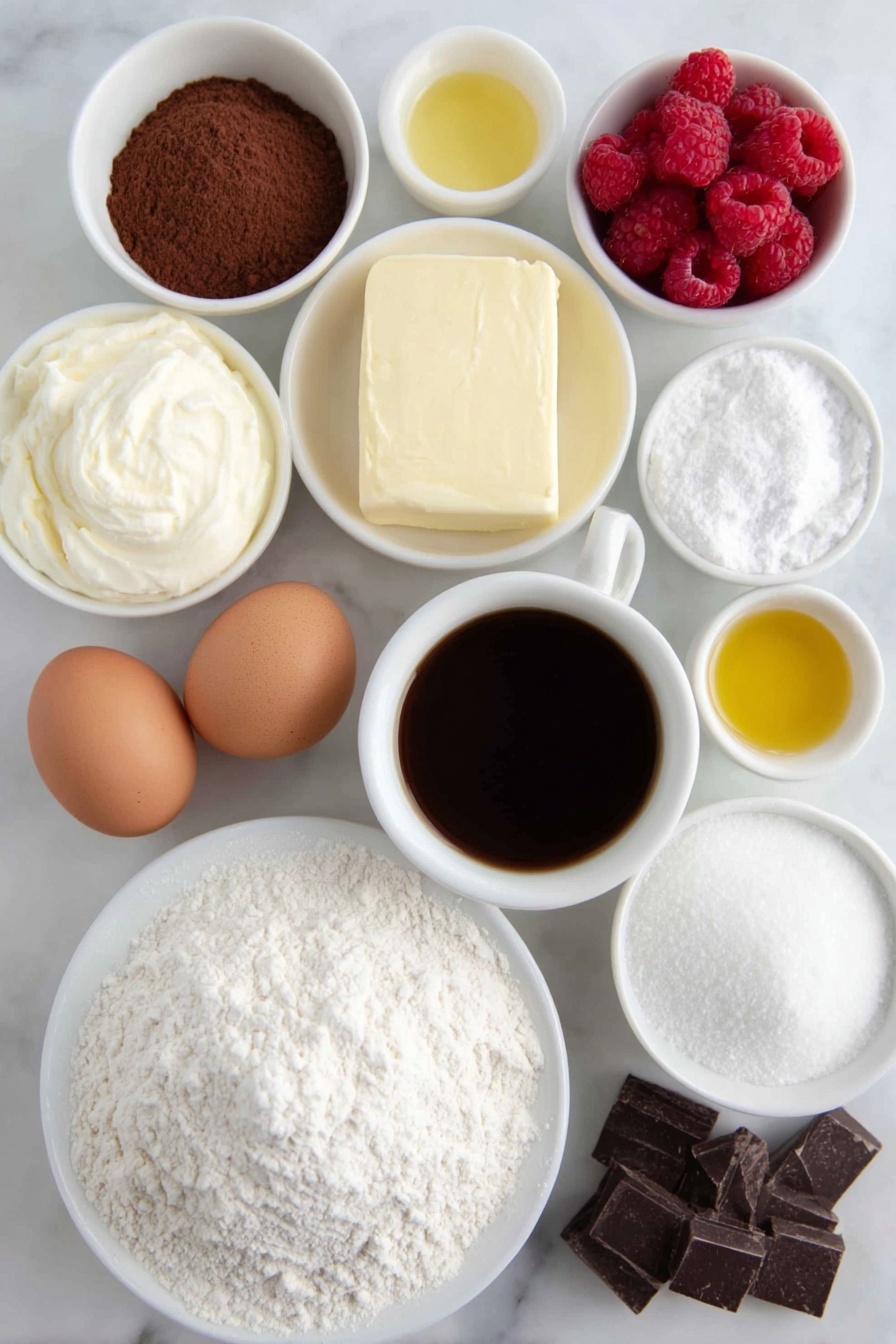 Decadent Chocolate Raspberry Layer Cake Recipe 7 Flat lay of a small mound of all-purpose flour, a small pile of granulated sugar, a small heap of cocoa powder, a few teaspoons of baking soda, baking powder, and salt arranged in small white ceramic bowls, three whole uncracked brown eggs, a small white ceramic bowl with buttermilk, a small white ceramic bowl with cold black coffee, a small white ceramic bowl with light golden canola oil, a small white ceramic bowl with clear vanilla extract, fresh whole raspberries scattered naturally and a small white ceramic bowl with lemon juice, a small white ceramic bowl with cornstarch powder, a block of cream cheese softened on a simple white ceramic plate, a small pat of butter on a white ceramic dish, a small white ceramic bowl filled with powdered sugar, a small white ceramic bowl with heavy cream, a small white ceramic bowl with finely chopped semi-sweet chocolate pieces, a small white ceramic bowl with light corn syrup placed neatly on a clean white marble surface, soft natural light, photo taken with an iPhone, professional food photography style, fresh ingredients, white ceramic bowls, no bottles, no duplicates, no utensils, no packaging --ar 2:3 --v 7 --p m7354615311229779997 - Decadent Chocolate Raspberry Layer Cake, chocolate raspberry cake, layered berry chocolate cake, easy chocolate raspberry dessert, indulgent berry chocolate cake