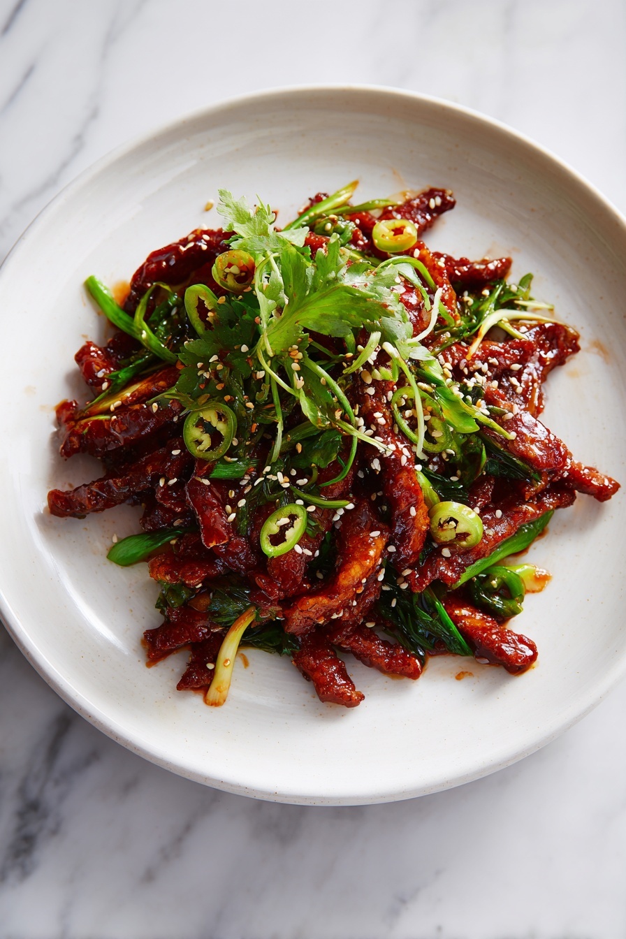 Korean Pork Belly Stir-Fry Recipe 6 A close-up top view of a white bowl filled with a mixed dish consisting of three main layers: large chunks of reddish-orange cooked chicken pieces stained with spices, thick slices of light brown sautéed onions swirling around the chicken, and several bright green diagonally cut spring onions scattered on top and around the edges. The shiny sauce coating the ingredients adds a slight gloss, and everything rests on a white marbled surface. Photo taken with an iphone --ar 2:3 --v 7 - Korean Pork Belly Stir-Fry, Korean Pork Belly, spicy pork stir-fry, quick Korean dinner, Korean pork belly recipe