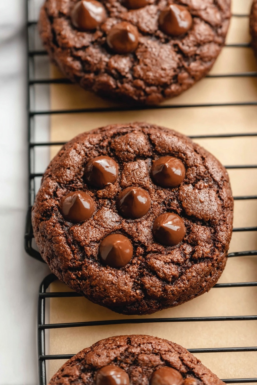Chewy Chocolate Chip Cookies Recipe 6 The image shows three thick, round chocolate cookies with a rough and slightly cracked surface. Each cookie has a rich dark brown color and is studded with large, glossy chocolate chips that are slightly melted, giving a shiny texture. The cookies rest on a black cooling rack with beige-colored paper underneath, all placed on a white marbled surface. The focus is on the middle cookie, which has nine visible chocolate chips arranged unevenly across its top. Photo taken with an iphone --ar 2:3 --v 7 - Chewy Chocolate Chip Cookies, best chewy chocolate chip cookies, easy chocolate chip cookies, soft chocolate chip cookies, homemade chocolate chip cookies