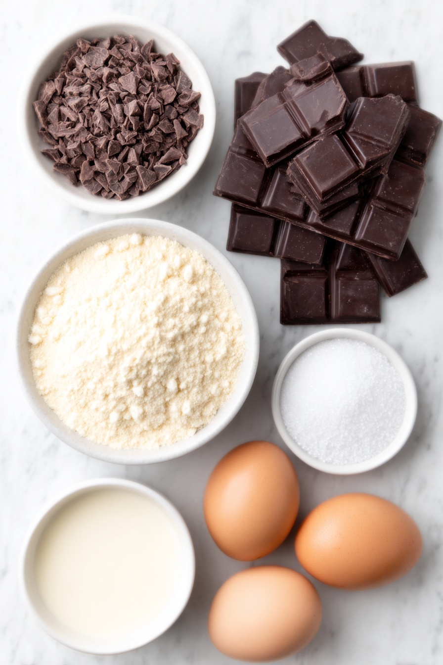 Creamy Italian Hot Chocolate Recipe 7 Flat lay of finely chopped dark chocolate pieces, a small white bowl of granulated sugar, a small white bowl of unsweetened cocoa powder, a few grains of kosher salt scattered nearby, a small white bowl containing white cornstarch powder, a small white bowl with 2% milk, two whole uncracked brown eggs placed beside each other, placed on a clean white marble surface, soft natural light, photo taken with an iPhone, professional food photography style, fresh ingredients, white ceramic bowls, no bottles, no duplicates, no utensils, no packaging --ar 2:3 --v 7 --p m7354615311229779997 - Creamy Italian Hot Chocolate, Italian hot chocolate recipe, rich hot chocolate, indulgent winter drinks, cozy chocolate drinks