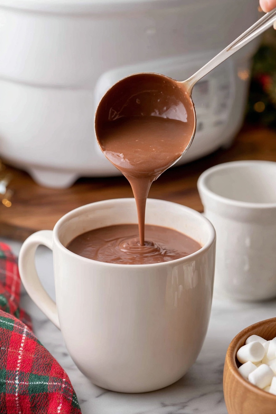 Crockpot Hot Chocolate Recipe 6 Two white mugs filled with dark brown hot chocolate topped with many small white marshmallows. One mug is in the front and the other is slightly blurred in the back. Around the mugs, there are scattered marshmallows, a small wooden bowl with more marshmallows, and some pine cones on a colorful red, green, and white plaid cloth. The whole setting is on a wooden table. photo taken with an iphone --ar 2:3 --v 7 - Crockpot Hot Chocolate, easy hot chocolate recipe, slow cooker hot cocoa, creamy hot chocolate, comforting winter drinks