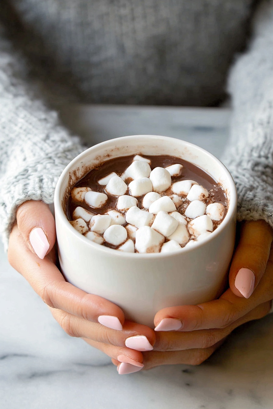 Crockpot Hot Chocolate Recipe 8 A white cup is filled with smooth, thick hot chocolate flowing from a ladle held above it by a woman's hand. The hot chocolate is rich brown and creamy, slightly swirling as it pours into the cup, which is placed on a wooden table with a white marbled texture background. Behind the cup, a white slow cooker is slightly visible, and to the right, there is another empty white cup. A small wooden bowl with white marshmallows is at the bottom right corner, and in the bottom left corner, a red and green plaid cloth adds a touch of color. Photo taken with an iphone --ar 2:3 --v 7 - Crockpot Hot Chocolate, easy hot chocolate recipe, slow cooker hot cocoa, creamy hot chocolate, comforting winter drinks