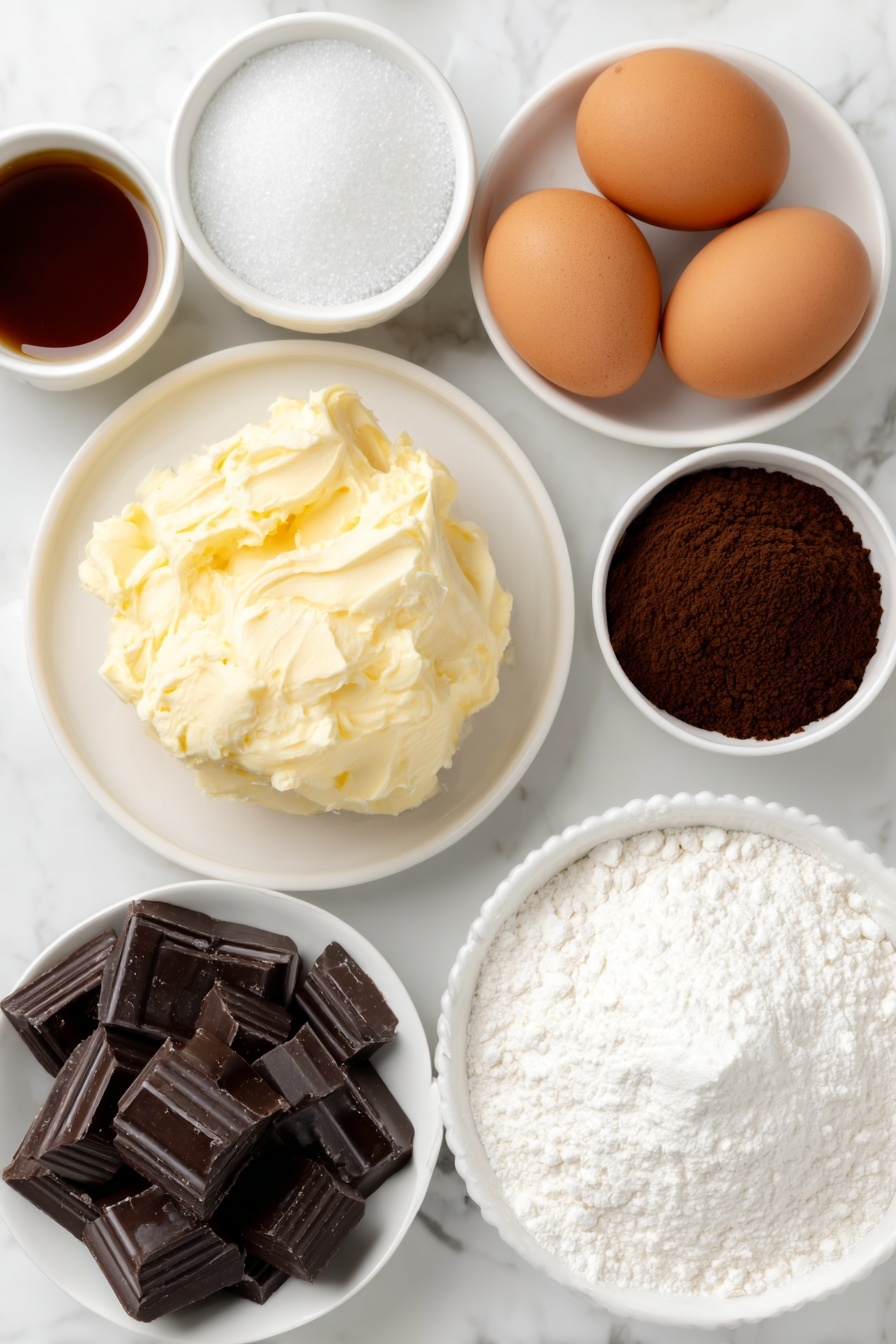 Chocolate Chip Cookie Brownie Bars Recipe 7 Flat lay of a small mound of softened butter on a white ceramic plate, a white ceramic bowl with granulated white sugar, a white ceramic bowl with dark brown sugar, two whole large brown eggs, a small white ceramic bowl of vanilla extract, a white ceramic plate with a pile of unsweetened cocoa powder, a white ceramic plate with all-purpose flour, a small white ceramic bowl with baking soda powder, a small white ceramic bowl of fine salt, a white ceramic bowl filled with glossy semi-sweet chocolate chips, and a few irregular pieces of milk chocolate chunks placed neatly on a simple white ceramic dish, all arranged in perfect symmetry, placed on a clean white marble surface, soft natural light, photo taken with an iPhone, professional food photography style, fresh ingredients, white ceramic bowls, no bottles, no duplicates, no utensils, no packaging --ar 2:3 --v 7 --p m7354615311229779997 - Chocolate Chip Cookie Brownie Bars, easy cookie brownie bars, chewy cookie brownie dessert, chocolate chip brownie bars recipe, quick cookie brownie bars