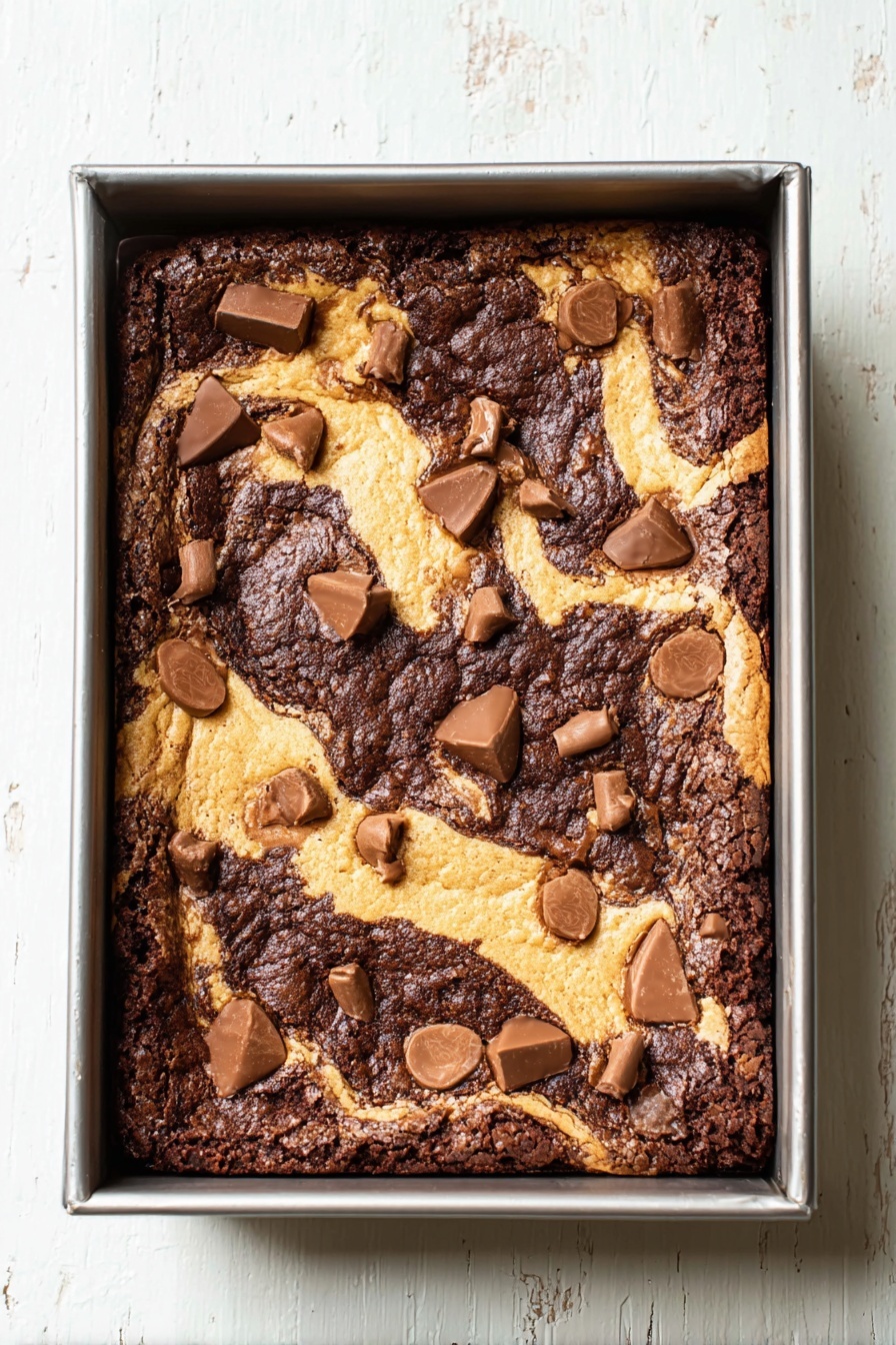 Chocolate Chip Cookie Brownie Bars Recipe 8 A rectangular metal baking tray holds a freshly baked dessert with two main layers swirled together. The first layer is dark brown with a slightly textured, cracked surface, representing a rich chocolate base. The second layer is light golden brown and smooth, baked into swirls that mix with the chocolate layer. Scattered on top are small chunks of lighter brown chocolate pieces, slightly melted and embedded into the surface. The tray rests on a white marbled surface. photo taken with an iphone --ar 2:3 --v 7 - Chocolate Chip Cookie Brownie Bars, easy cookie brownie bars, chewy cookie brownie dessert, chocolate chip brownie bars recipe, quick cookie brownie bars