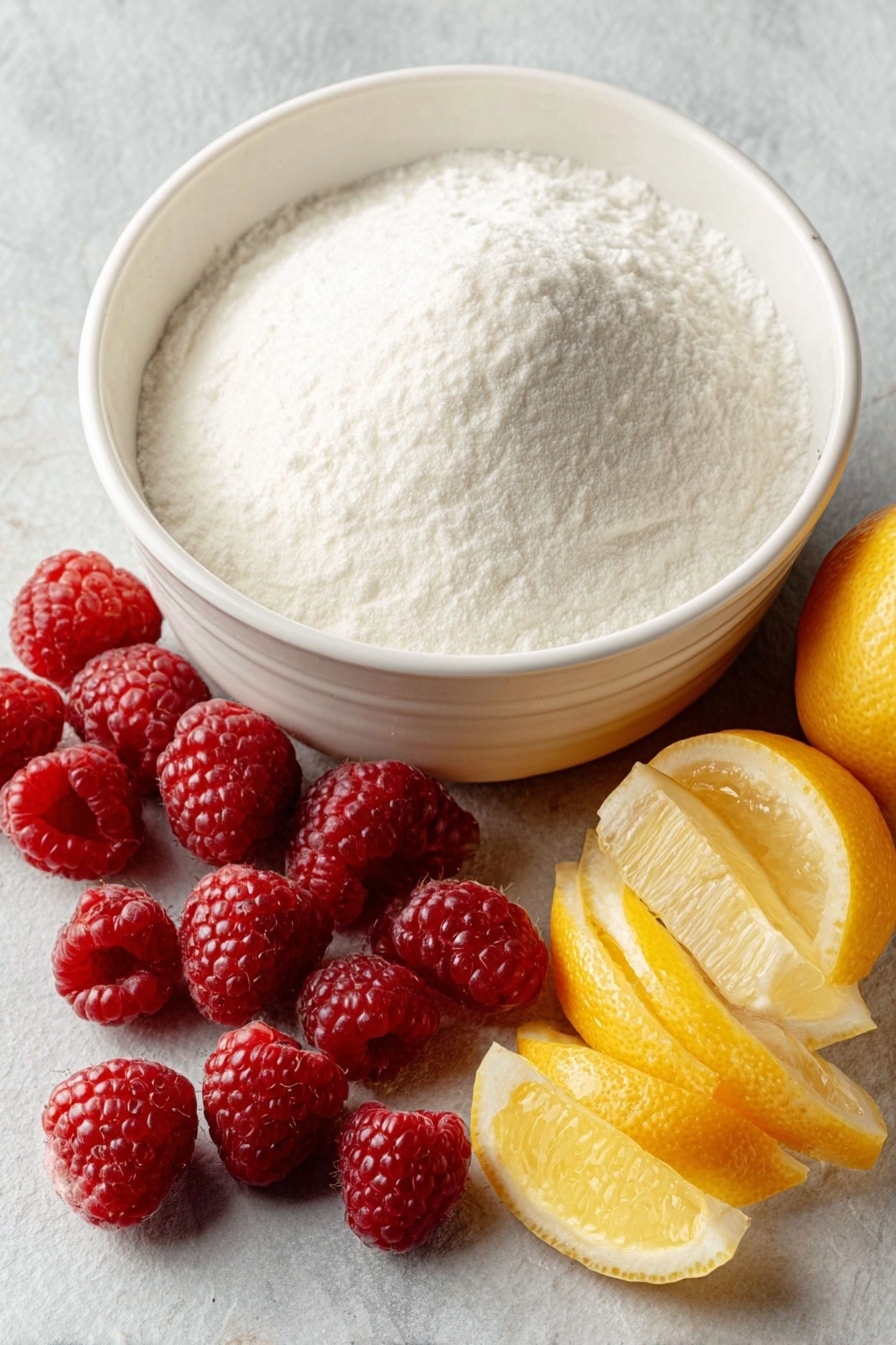 Homemade Raspberry Cake Filling Recipe 7 Flat lay of fresh bright red raspberries scattered naturally, a small mound of fine white granulated sugar, a few vibrant yellow lemon wedges alongside thin strips of fresh lemon zest, a small white ceramic bowl filled with clear water, another small white ceramic bowl containing fine white cornstarch powder, a whole fresh lemon with smooth yellow skin placed whole nearby placed on a clean white marble surface, soft natural light, photo taken with an iPhone, professional food photography style, fresh ingredients, white ceramic bowls, no bottles, no duplicates, no utensils, no packaging --ar 2:3 --v 7 --p m7354615311229779997 - Homemade Raspberry Cake Filling, raspberry cake filling recipe, easy raspberry cake filling, fresh raspberry dessert filling, fruit-filled cake layers