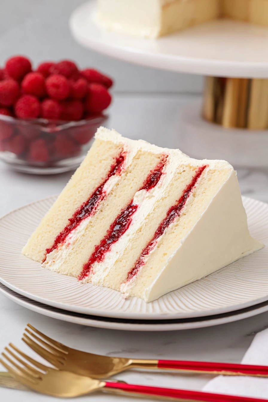 Homemade Raspberry Cake Filling Recipe 8 A tall cake with four thick layers of light yellow sponge cake stacked evenly. Between each sponge layer, there is a bright red jam filling with small fruit bits, resting on smooth off-white cream layers. The outside of the cake is coated with a creamy, pale off-white frosting that is mostly smooth with some soft pink brushstroke designs and small gold leaf pieces. The top is decorated with white and red flowers and whole raspberries. The cake sits on a white marbled surface. Photo taken with an iphone --ar 2:3 --v 7 - Homemade Raspberry Cake Filling, raspberry cake filling recipe, easy raspberry cake filling, fresh raspberry dessert filling, fruit-filled cake layers