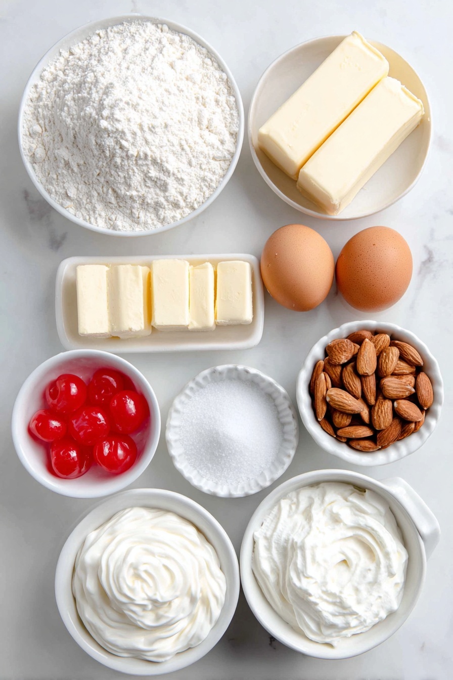 Cherry Almond Cake with Cherry Buttercream Recipe 7 Flat lay of a small mound of pale all-purpose flour, a neat pile of white baking soda crystals, a pinch of fine white baking powder, a small heap of coarse sea salt, four large brown eggs with clean shells, a mound of granulated white sugar, two softened sticks of unsalted butter, a few delicate almonds, a small white bowl of creamy sour cream, a small white bowl filled with translucent maraschino cherry juice, several bright red maraschino cherries, a small white bowl of powdered sugar, and a small white bowl of heavy whipping cream, all arranged in perfect symmetry on a clean white ceramic surface, placed on a clean white marble surface, soft natural light, photo taken with an iPhone, professional food photography style, fresh ingredients, white ceramic bowls, no bottles, no duplicates, no utensils, no packaging --ar 2:3 --v 7 --p m7354615311229779997 - Cherry Almond Cake with Cherry Buttercream, cherry almond cake, almond and cherry dessert, festive cherry layered cake, homemade cherry cake