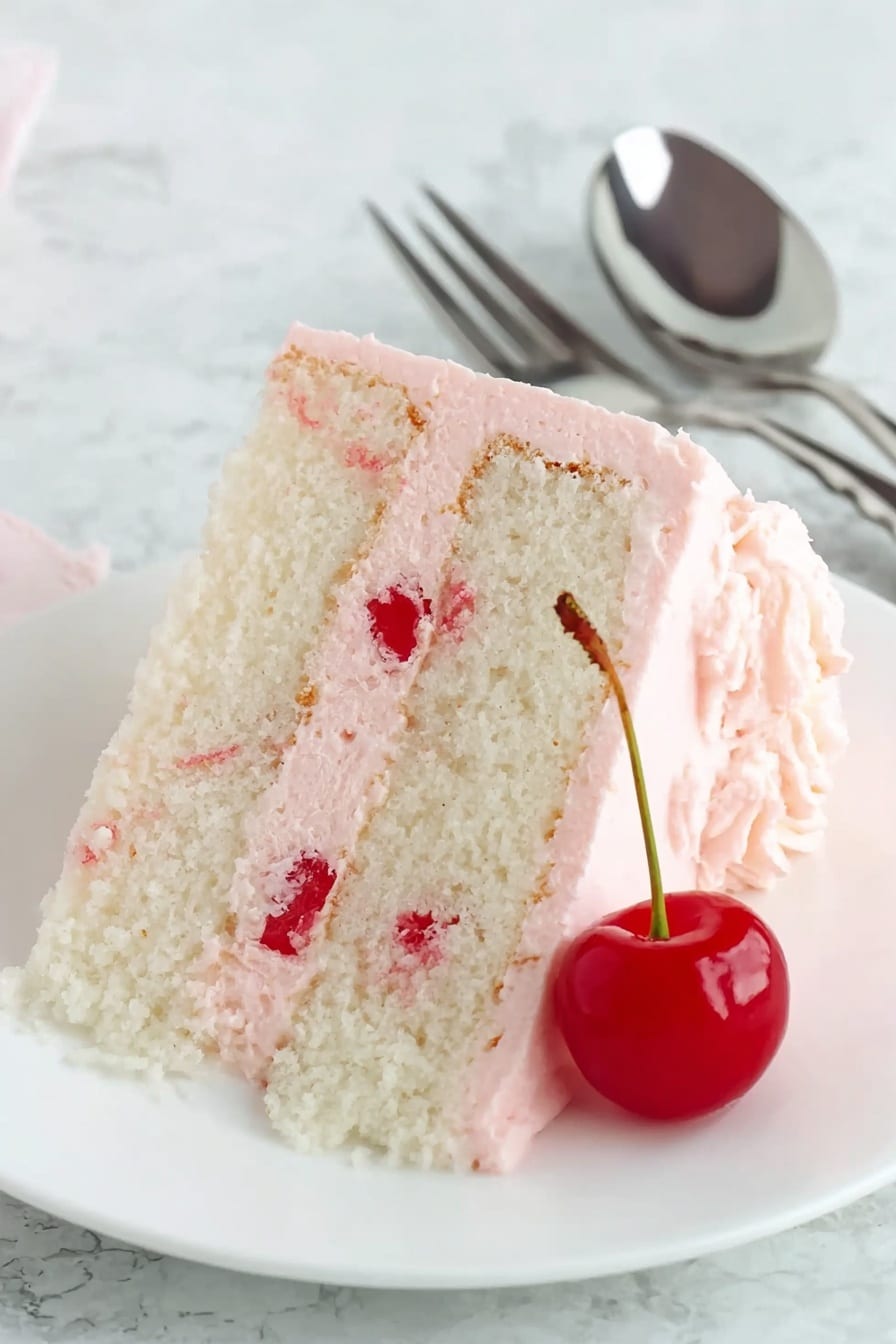 Cherry Almond Cake with Cherry Buttercream Recipe 6 A slice of two-layer white cake is shown on a white plate with a white marbled background. The cake has fluffy white layers with a smooth, light pink frosting covering the outside and in between the layers. Small bits of red cherries are inside the cake layers and some are visible under the frosting. Next to the cake on the plate is a bright red cherry with its stem. A shiny silver fork and spoon are placed slightly out of focus behind the plate. Photo taken with an iphone --ar 2:3 --v 7 - Cherry Almond Cake with Cherry Buttercream, cherry almond cake, almond and cherry dessert, festive cherry layered cake, homemade cherry cake