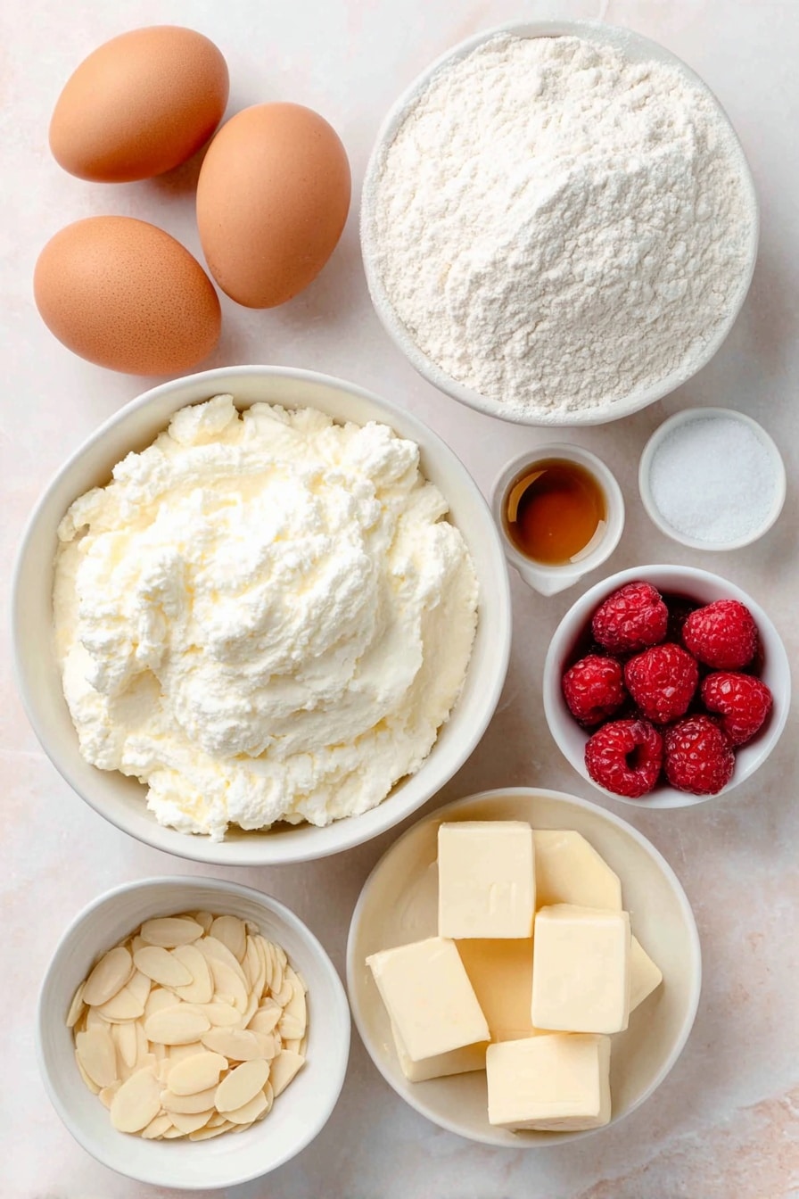 Raspberry Ricotta Cake with Almonds Recipe 7 Flat lay of a small mound of all-purpose flour, a pile of granulated sugar, two teaspoons of baking powder in a small white ceramic bowl, a pinch of fine sea salt in a tiny white bowl, three large whole brown eggs with clean shells, a white ceramic bowl filled with fresh ricotta cheese, a small white bowl containing clear vanilla extract, a small white bowl with melted golden butter, a scattering of fresh red raspberries, a neat pile of pale sliced almonds, all arranged with perfect symmetry on a clean white marble surface, soft natural light, photo taken with an iPhone, professional food photography style, fresh ingredients, white ceramic bowls, no bottles, no duplicates, no utensils, no packaging --ar 2:3 --v 7 --p m7354615311229779997 - Raspberry Ricotta Cake with Almonds, Raspberry Ricotta Cake, Easy Raspberry Ricotta Dessert, Fresh Fruit Ricotta Cake, Almond Topped Ricotta Cake