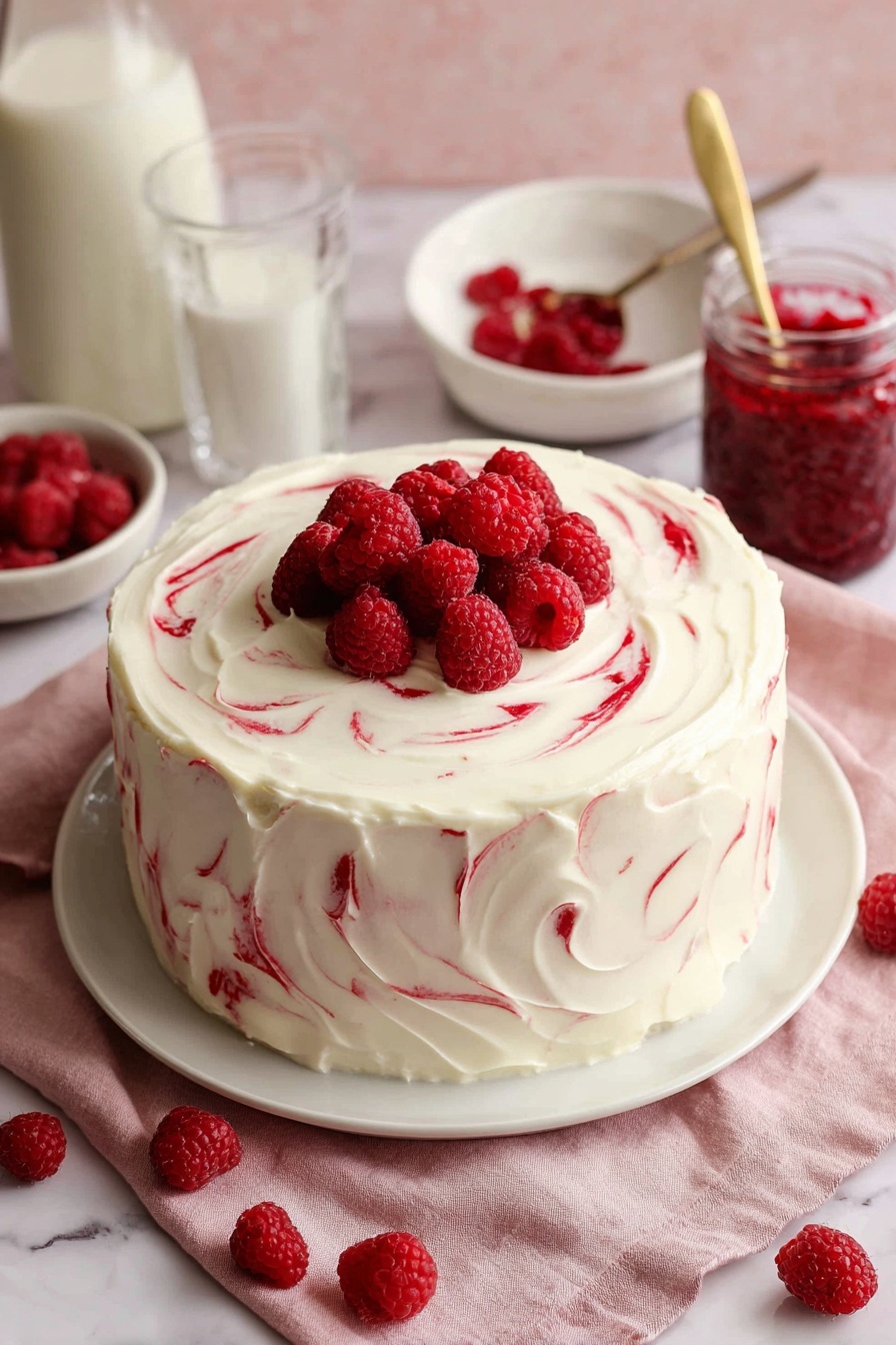 White Chocolate Raspberry Cake Recipe 8 A round cake covered with smooth white frosting has swirls of red raspberry sauce gently mixed into the top layer. On top, there is a small pile of fresh red raspberries in the center. The cake sits on a white plate, which is placed on a soft pink cloth over a white marbled surface. There are more fresh raspberries scattered near the plate. In the background, a clear glass bottle filled with milk, an empty small glass, a small white bowl filled with raspberries, and a jar of raspberry sauce with a gold spoon are also seen. Photo taken with an iphone --ar 2:3 --v 7 - White Chocolate Raspberry Cake, raspberry white chocolate cake, white chocolate berry dessert, easy raspberry cake recipe, moist white chocolate cake