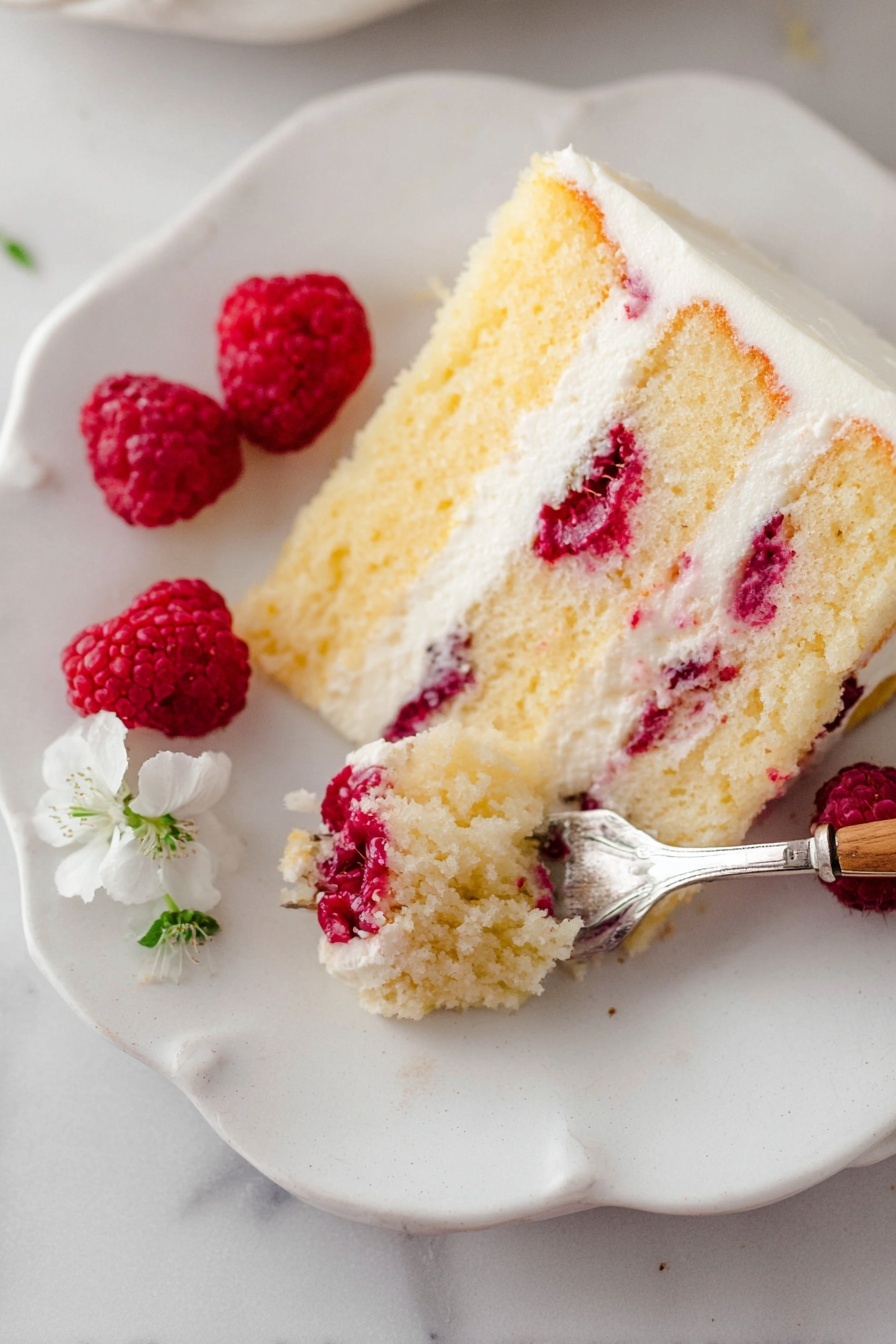 Lemon Raspberry Cake with Cream Cheese Frosting Recipe 8 A slice of yellow cake with three layers is shown on a white plate with scalloped edges, placed on a white marbled surface. The cake has bright red raspberries embedded inside the moist layers, separated by smooth white cream layers. A silver fork with a wooden handle holds a bite of the cake, revealing the soft texture and raspberry pieces in the bite. Three fresh raspberries and a small white flower are placed near the cake slice on the plate. The photo taken with an iphone --ar 2:3 --v 7 - Lemon Raspberry Cake with Cream Cheese Frosting, Lemon Raspberry Cake, Strawberry Raspberry Cake, Citrus Berry Cake, Easy Lemon Raspberry Dessert