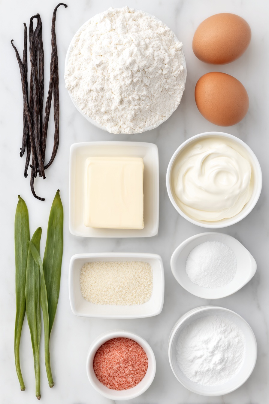 Almond Raspberry Cake with Raspberry Buttercream Recipe 7 Flat lay of two whole eggs with clean shells, a small pile of golden almond flour, a neat mound of fine white all-purpose flour, a few sprigs of fresh vanilla bean pods with green leaves, a small white ceramic bowl filled with smooth pale yellow butter, a small white bowl of granulated white sugar, a small white bowl of sour cream, a small white bowl of clear light vegetable oil, a small white bowl of vibrant pink freeze-dried raspberry powder, a small white bowl of powdered sugar, a small white bowl of whole milk, and a small heap of fine white baking powder, baking soda, and salt powders placed symmetrically, all arranged on a clean white marble surface, soft natural light, photo taken with an iPhone, professional food photography style, fresh ingredients, white ceramic bowls, no bottles, no duplicates, no utensils, no packaging --ar 2:3 --v 7 --p m7354615311229779997 - Almond Raspberry Cake with Raspberry Buttercream, raspberry almond cake, raspberry buttercream dessert, fresh raspberry cake recipe, moist almond cake