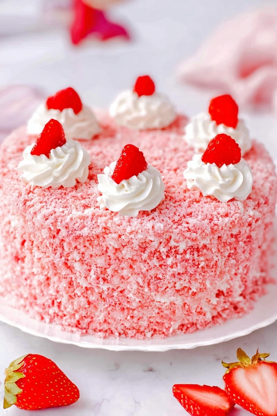 Strawberry Cheesecake with Crunch Topping Recipe 6 This image shows a round cake covered completely in pink crumb topping that looks soft and crumbly. On top of the cake, there are five small white swirls of whipped cream, each topped with a small red sliced strawberry. The cake sits on a white plate, placed on a white marbled surface with a few sliced strawberries scattered around. The colors are mainly pink, white, and red, with a soft texture on the cake from the crumbs and smooth cream swirls on top. photo taken with an iphone --ar 2:3 --v 7 - Strawberry Cheesecake with Crunch Topping, strawberry cheesecake, cheesecake dessert, fruit-topped cheesecake, easy strawberry dessert