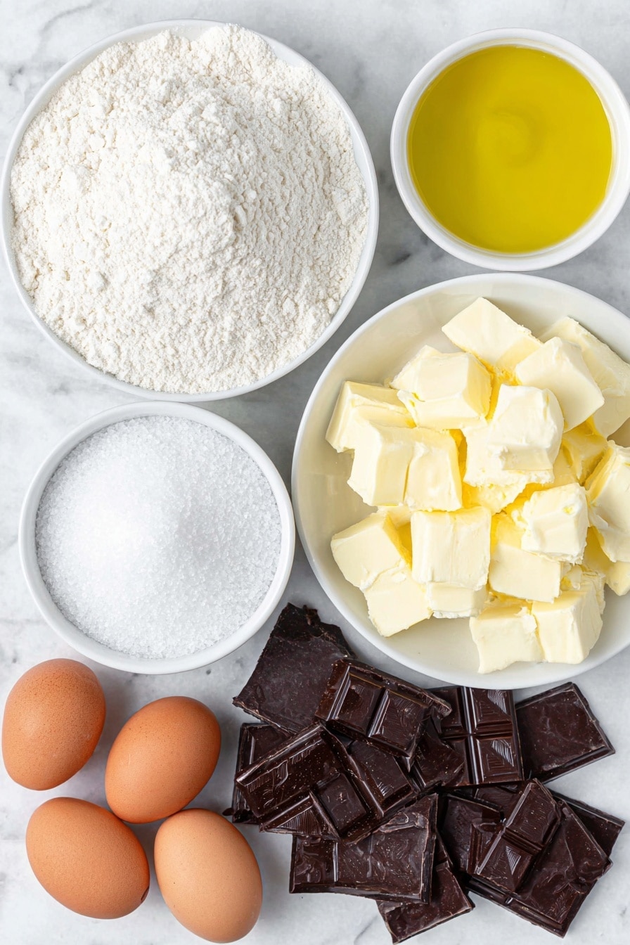 Decadent Chocolate Cake with Fudge Frosting Recipe 7 Flat lay of a small mound of fine all-purpose flour, a neat pile of white granulated sugar crystals, two small white ceramic bowls—one filled with rich dark brown cocoa powder, the other with fine white powdered sugar, a small white bowl holding glossy golden vegetable oil, three whole uncracked brown eggs with clean shells, a small white bowl of thick creamy buttermilk, a small white bowl with freshly brewed steaming black coffee, a delicate cluster of pale vanilla bean pods, a small heap of smooth butter cubes, and a few pieces of broken dark chocolate with a deep brown color and faint glossy sheen, all arranged in perfect symmetry on a simple white ceramic plate, placed on a clean white marble surface, soft natural light, photo taken with an iPhone, professional food photography style, fresh ingredients, white ceramic bowls, no bottles, no duplicates, no utensils, no packaging --ar 2:3 --v 7 --p m7354615311229779997 - Decadent Chocolate Cake with Fudge Frosting, rich chocolate cake recipe, moist chocolate cake with fudge frosting, easy chocolate cake dessert, chocolate cake with luscious frosting