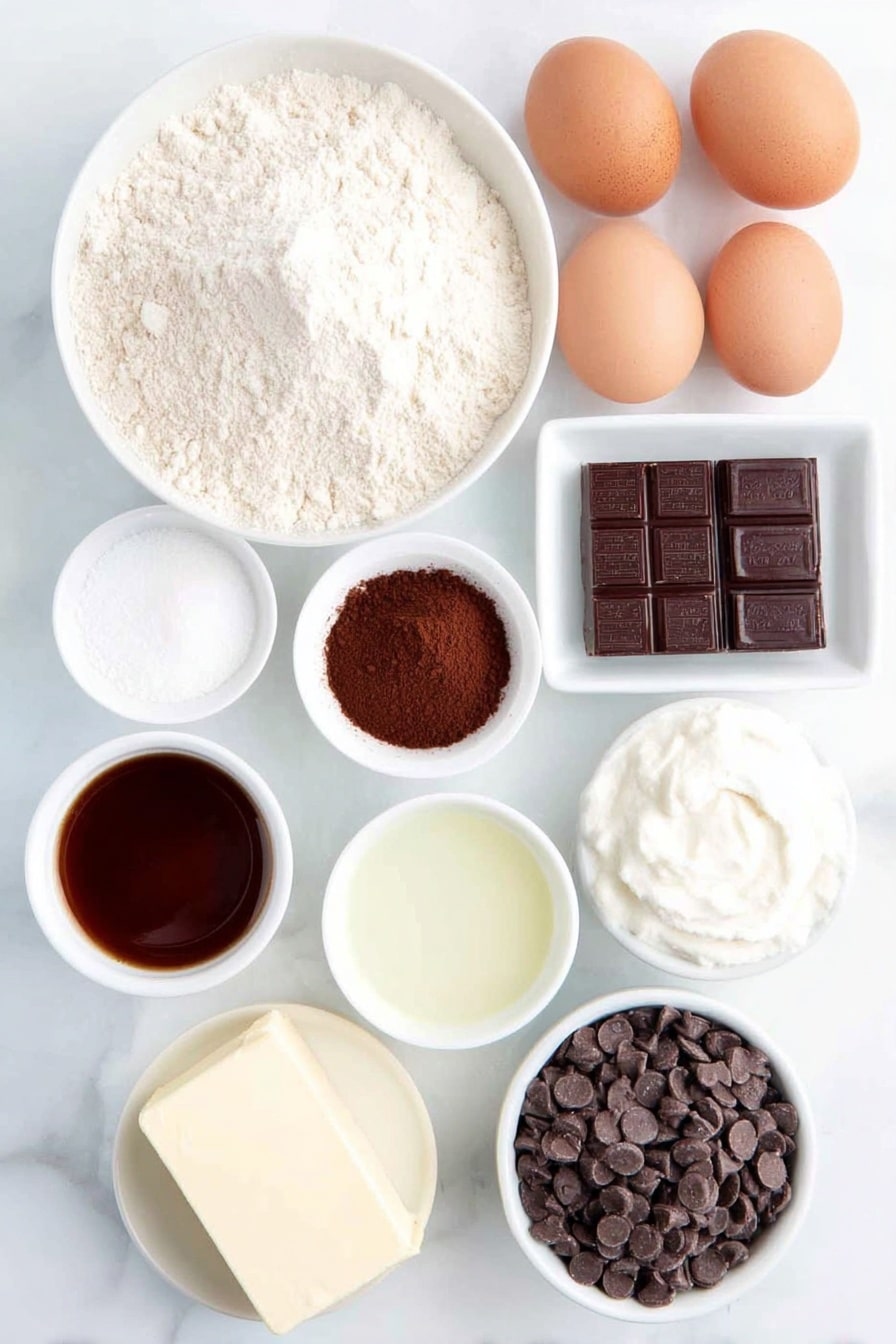 Black Velvet Cake with Dark Chocolate Buttercream Recipe 7 Flat lay of a small mound of all-purpose flour, a heap of granulated sugar, a small pile of black cocoa powder, a few teaspoons of baking powder and baking soda sprinkled side by side, a pinch of fine salt in a small white bowl, a small white bowl of hot water, a small white bowl with instant espresso powder, a small white bowl of buttermilk, a small white bowl of vegetable oil, two large whole brown eggs with clean uncracked shells, a small white bowl of vanilla extract, a block of unsalted butter, a small white bowl of powdered sugar, a small white bowl of heavy whipping cream, a small white bowl filled with melted dark chocolate chips, all arranged symmetrically on a clean white marble surface, soft natural light, photo taken with an iPhone, professional food photography style, fresh ingredients, white ceramic bowls, no bottles, no duplicates, no utensils, no packaging --ar 2:3 --v 7 --p m7354615311229779997 - Black Velvet Cake with Dark Chocolate Buttercream, rich dark chocolate cake, indulgent chocolate dessert, decadent chocolate cake recipe, velvety chocolate cake