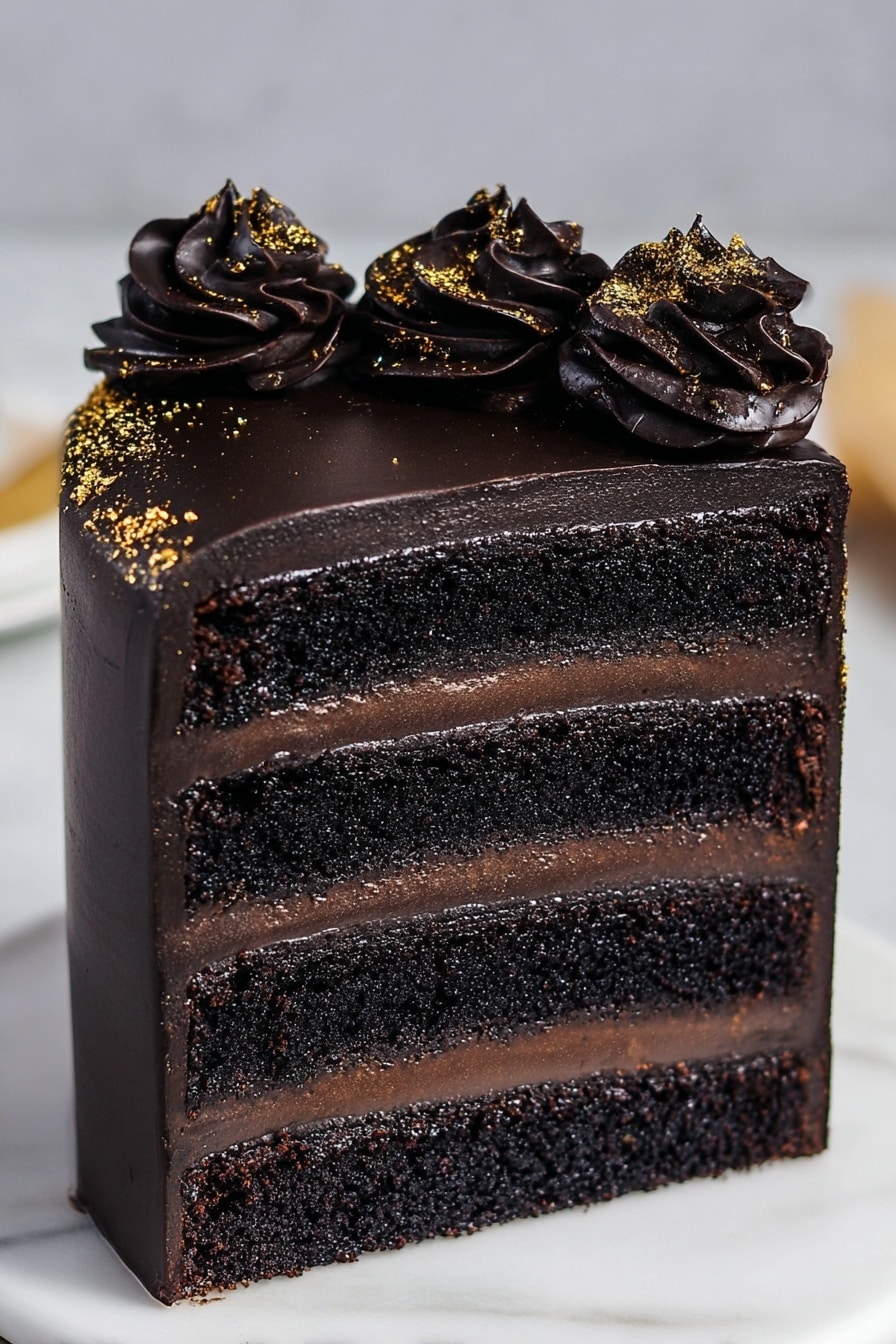 Black Velvet Cake with Dark Chocolate Buttercream Recipe 6 A tall, four-layer dark chocolate cake with each layer of moist, blackish-brown chocolate sponge separated by smooth, thick dark chocolate cream layers. The cake is fully covered in a shiny dark chocolate frosting. On top, there are three large, dark chocolate rosettes with gold dust accents decorating the edges. The cake sits on a white plate over a white marbled surface. Photo taken with an iphone --ar 2:3 --v 7 - Black Velvet Cake with Dark Chocolate Buttercream, rich dark chocolate cake, indulgent chocolate dessert, decadent chocolate cake recipe, velvety chocolate cake