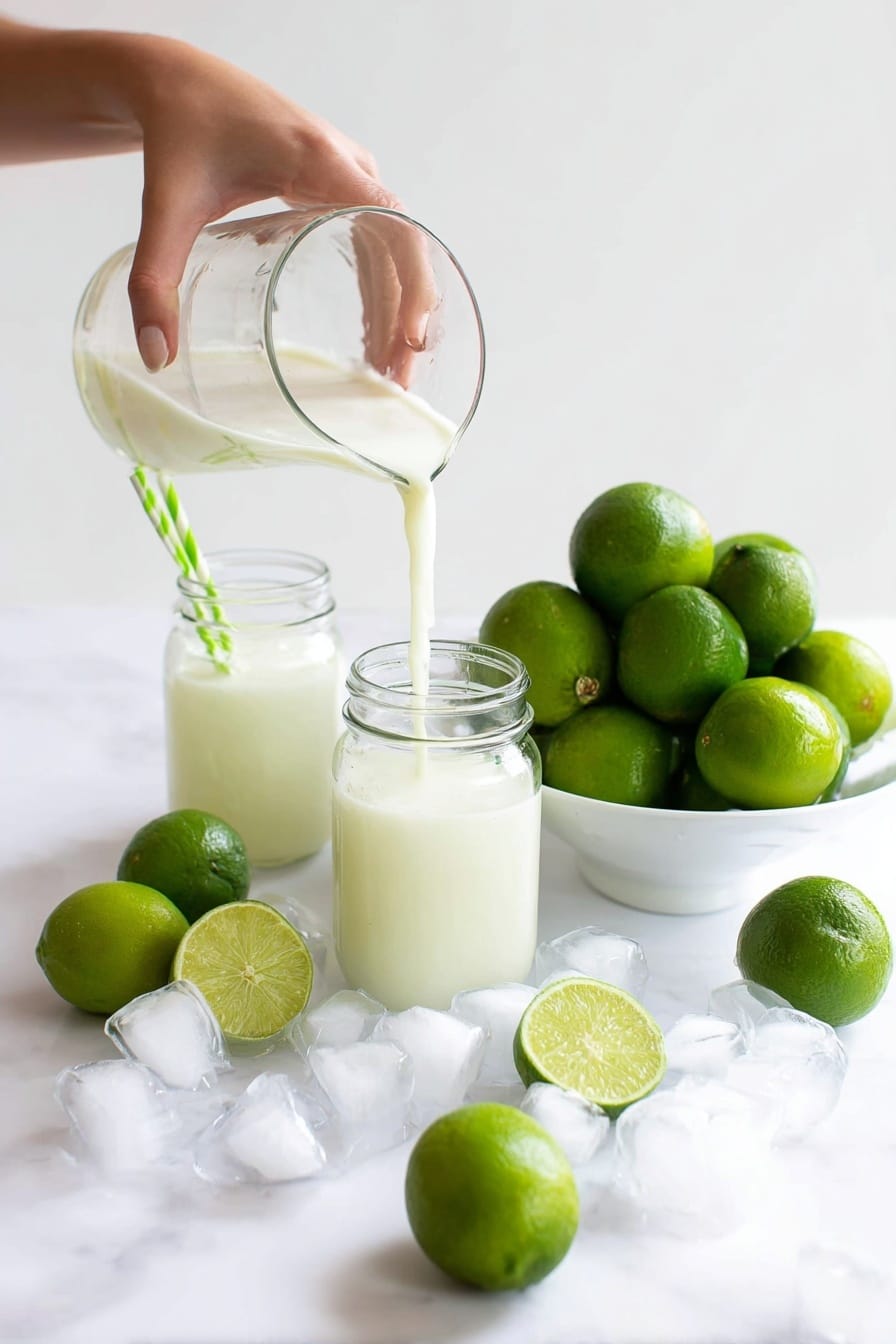Brazilian Lemonade Recipe 6 The image shows a clear glass pitcher being held by a woman's hand, pouring a pale, creamy liquid into a clear mason jar filled with the same liquid. Another mason jar with a green and white striped straw is behind it, also filled with the pale liquid. To the right, there is a white bowl full of fresh green limes, and several whole limes and lime halves are scattered on the white marbled surface around the jars, along with some clear ice cubes. The background is plain and bright, helping focus on the fresh and cool drink setup. Photo taken with an iphone --ar 2:3 --v 7 - Brazilian Lemonade, Brazilian Lemonade Recipe, refreshing citrus drinks, lime drinks, tropical beverages
