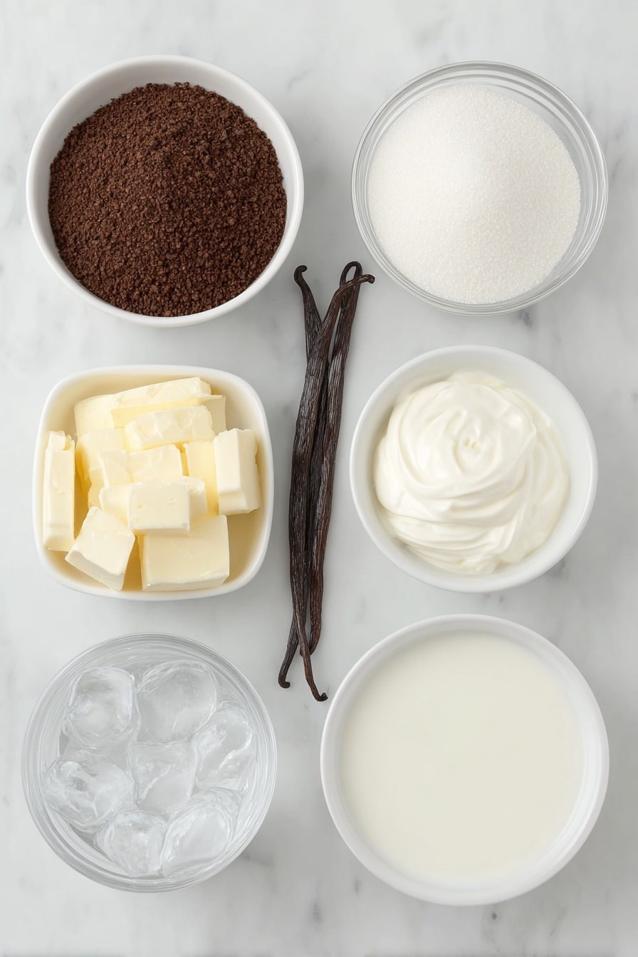 Homemade Vanilla Cold Brew Recipe 7 Flat lay of coarsely ground coffee in a small white ceramic bowl, fresh whole brown vanilla bean pod beside a small white bowl of clear vanilla extract, two small white ceramic bowls with fresh 2% milk and heavy cream, a small white ceramic bowl filled with granulated white sugar, a small white ceramic bowl of fresh cold water, and a tall glass filled with clear ice cubes, all arranged with perfect symmetry and balanced proportions, placed on a clean white marble surface, soft natural light, photo taken with an iPhone, professional food photography style, fresh ingredients, white ceramic bowls, no bottles, no duplicates, no utensils, no packaging --ar 2:3 --v 7 --p m7354615311229779997 - Homemade Vanilla Cold Brew , vanilla cold brew recipe, iced coffee with vanilla, how to make cold brew, vanilla cream cold brew