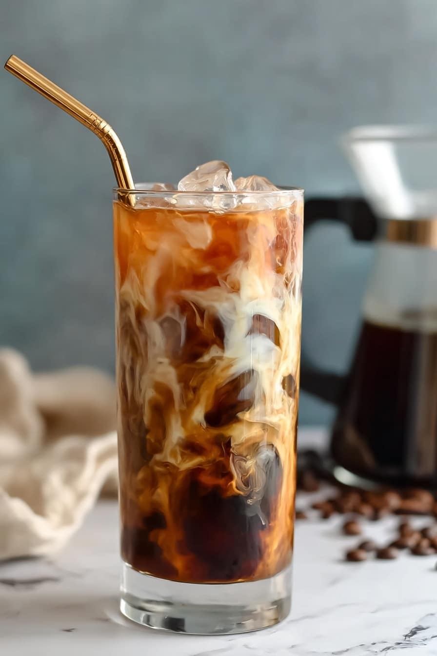 Homemade Vanilla Cold Brew Recipe 6 The image shows two tall clear glasses filled with iced coffee. The first glass is in front, filled about three-quarters with dark brown iced coffee with ice cubes visible inside. Cream or milk is being poured into this glass, swirling inside in soft white and light brown patterns. The second glass behind is less detailed but is also filled with iced coffee and ice cubes. The background is out of focus but shows a dark coffee maker and some coffee beans on a white marbled surface. photo taken with an iphone --ar 2:3 --v 7 - Homemade Vanilla Cold Brew , vanilla cold brew recipe, iced coffee with vanilla, how to make cold brew, vanilla cream cold brew