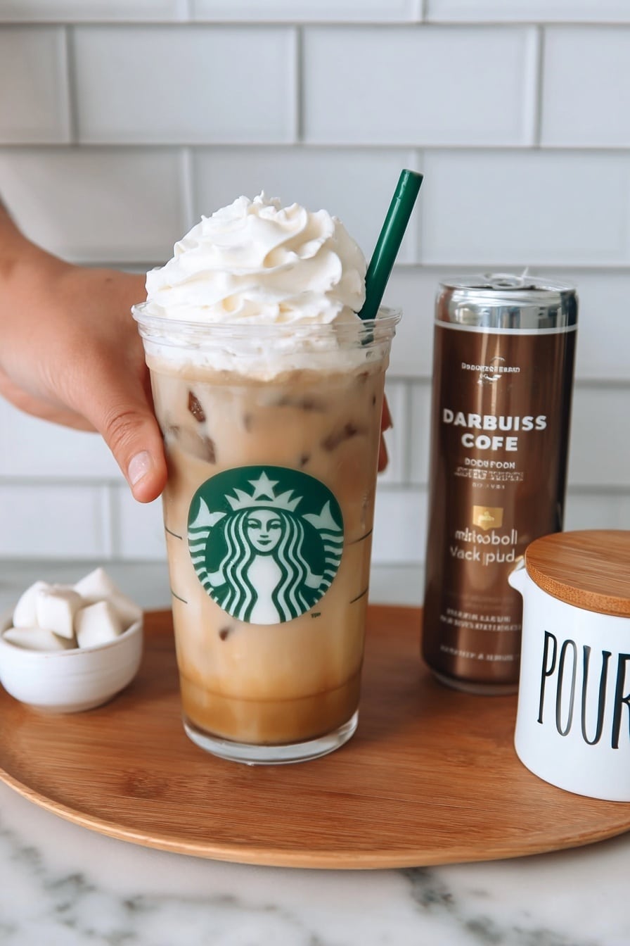 Copycat Iced White Chocolate Mocha Recipe 8 A tall clear plastic cup with the green Starbucks logo is filled with light brown iced coffee mixed with ice cubes, topped with a large swirl of white whipped cream, and a dark green straw sticking out from the cream on the right side. A woman's hand is holding the cup on the left side. Next to the cup on the right is a small metallic brown Starbucks Doubleshot Espresso can with white and silver text, and a white ceramic mug with the word “POUR” written in black letters, with a wooden lid on top. In the far left background, there is a small white bowl with white round slices inside. All items are placed on a wooden tray on a white marbled surface with a white tiled wall in the back. Photo taken with an iphone --ar 2:3 --v 7 - Copycat Iced White Chocolate Mocha, white chocolate mocha, iced coffee drinks, homemade Starbucks drinks, easy coffee recipes