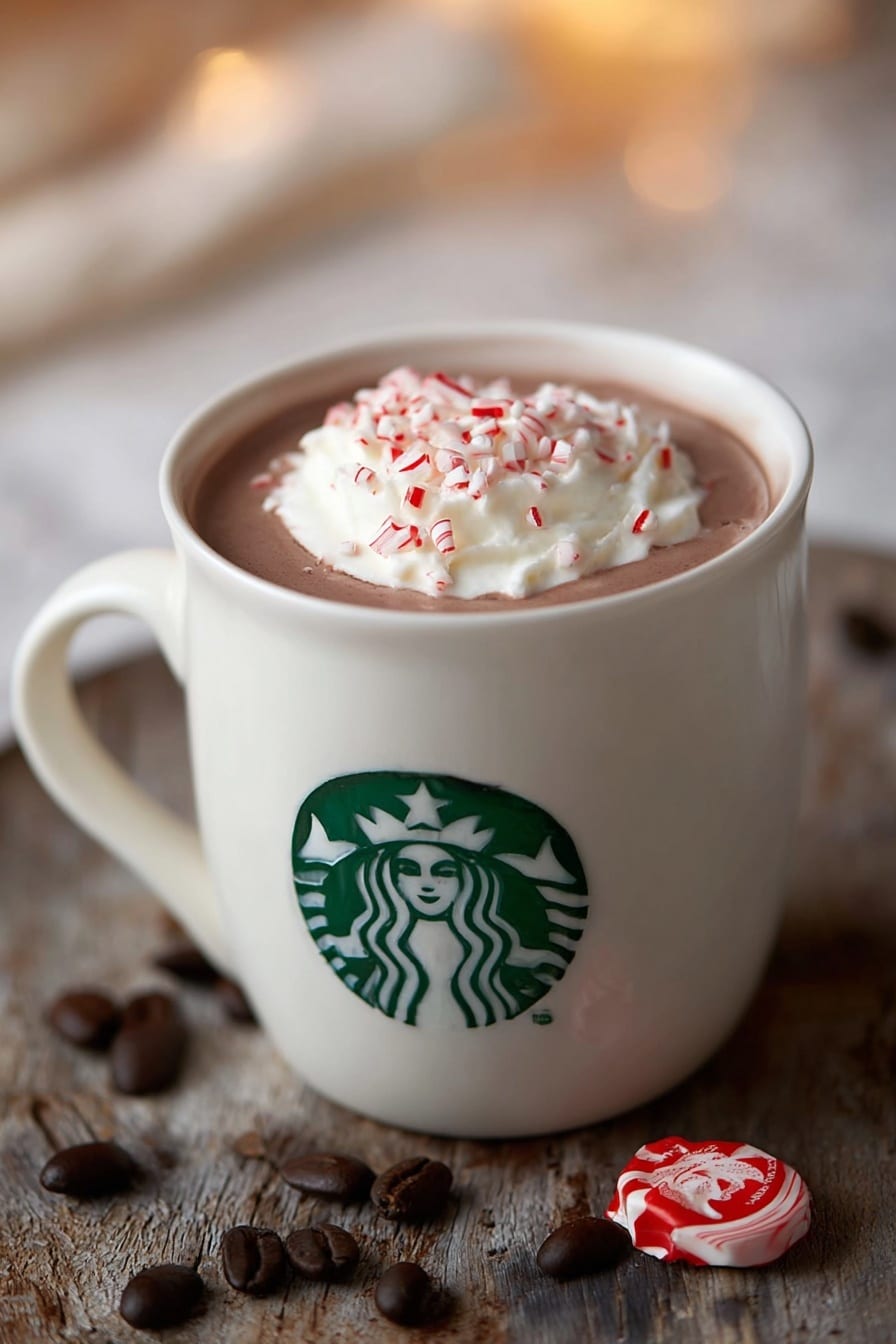 A white Starbucks mug with the green logo filled with smooth brown hot chocolate. On top, there is a layer of white whipped cream with small pieces of red and white peppermint sprinkled over it. The mug sits on a rough wooden surface with scattered dark brown coffee beans and a small red and white peppermint candy nearby. The background has a soft blur with warm light tones and a white marbled texture. Photo taken with an iphone --ar 2:3 --v 7 - Peppermint Mocha Hot Chocolate, festive hot chocolate, peppermint mocha drink, cozy winter beverages, easy holiday hot chocolate
