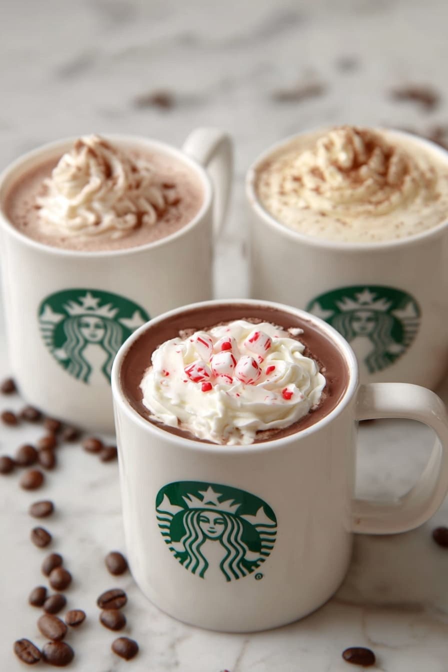 Peppermint Mocha Hot Chocolate Recipe 8 Three white mugs with the green Starbucks logo are filled with different hot drinks. The front mug contains thick chocolate topped with white whipped cream and small red candy pieces. The left mug has light brown hot chocolate topped with white whipped cream and a light brown drizzle. The right mug shows a creamy light brown drink with white whipped cream and a dusting of brown powder. The mugs sit on a white marbled surface with scattered coffee beans around them. The photo taken with an iphone --ar 2:3 --v 7 - Peppermint Mocha Hot Chocolate, festive hot chocolate, peppermint mocha drink, cozy winter beverages, easy holiday hot chocolate