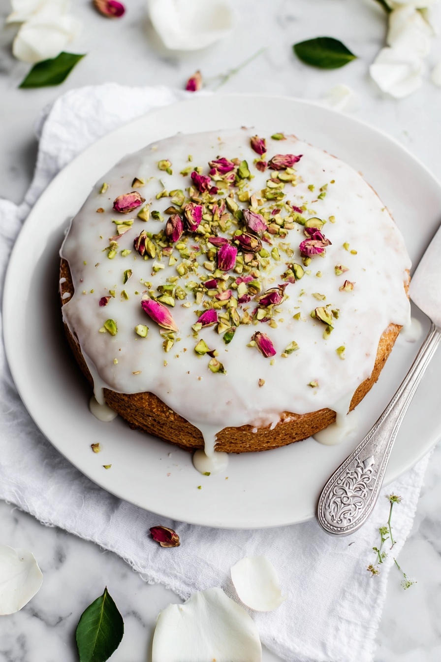 Persian Love Cake with Rose and Cardamom Recipe 6 A single-layer round cake with a light brown base sits on a white plate. It is covered in a thick, smooth white icing that drips slightly over the edges. The top is sprinkled with chopped green pistachios and small dried pink rose petals, adding texture and color contrast. The plate rests on a white cloth with green leaves and white rose petals scattered around on a white marbled surface. A silver cake server with a delicate cut-out design is positioned to the right of the plate. photo taken with an iphone --ar 2:3 --v 7 - Persian Love Cake with Rose and Cardamom, Persian flower cake, Rose and cardamom cake, Persian dessert recipes, Romantic Persian cake