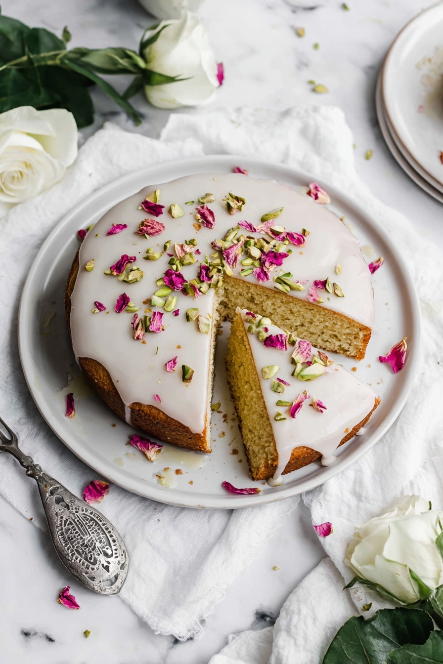 Persian Love Cake with Rose and Cardamom Recipe 8 A single-layer round cake with light brown edges and a soft golden inside sits on a white plate. The cake is covered with a smooth white icing that slightly drips down the sides. On top of the icing, there are small pieces of green pistachios and tiny bright pink dried rose petals scattered evenly. One slice has been taken out and placed on the same plate, showing the soft texture of the cake. Around the plate, there are white rose petals and green leaves resting on a white cloth, all placed on a white marbled surface. Nearby, a silver cake server with cut-out details is partially visible. Photo taken with an iphone --ar 2:3 --v 7 - Persian Love Cake with Rose and Cardamom, Persian flower cake, Rose and cardamom cake, Persian dessert recipes, Romantic Persian cake