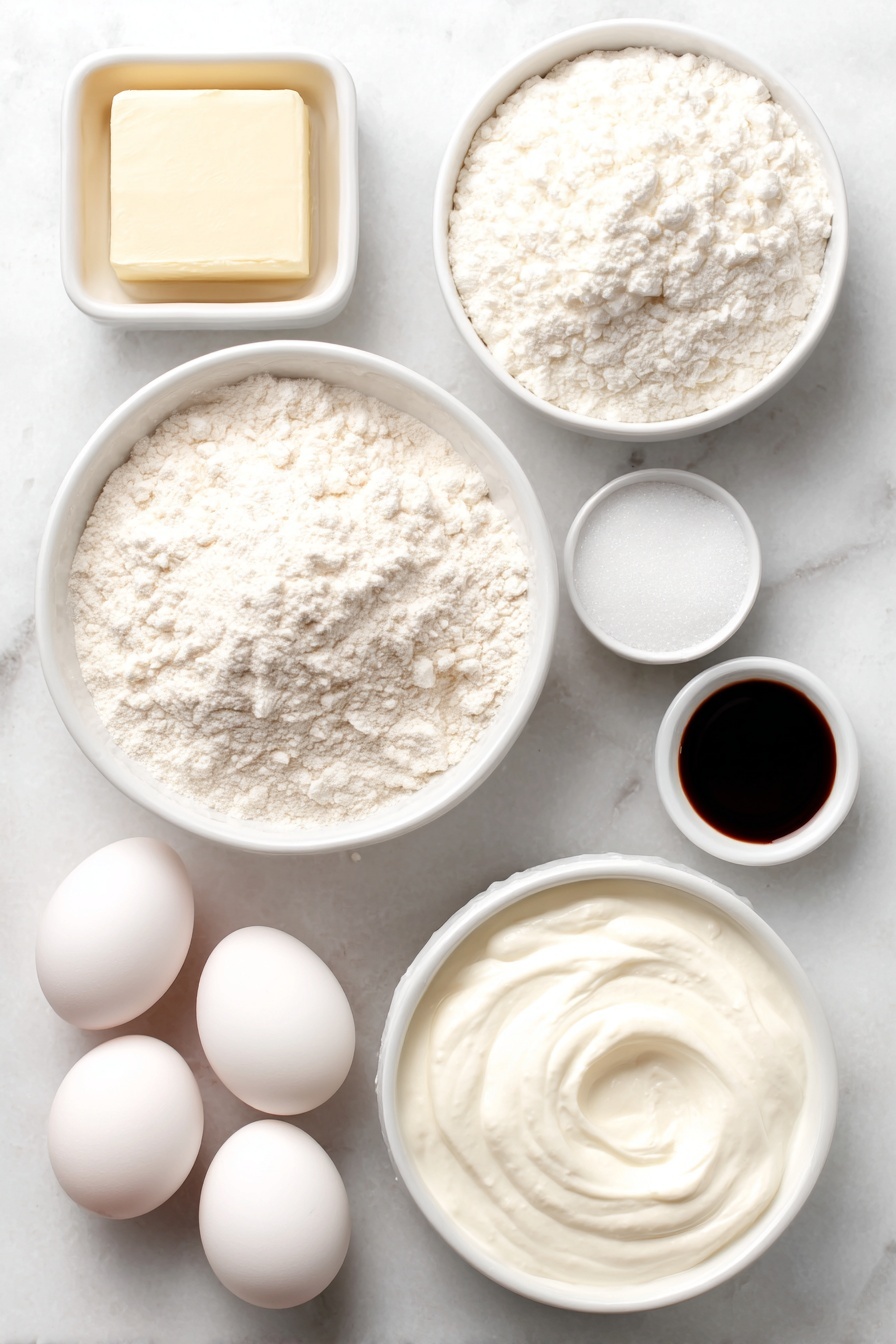 Watercolor Cake with Buttercream Frosting Recipe 7 Flat lay of a small square of unsalted butter softened to room temperature, a small white ceramic bowl of clear vegetable oil, a small mound of granulated sugar, a small white ceramic bowl of clear vanilla extract, a small white ceramic bowl filled with all-purpose flour, a small heap of baking powder powder, a small pile of fine salt, a small white ceramic bowl of thick sour cream, six whole large eggs with clean shells arranged neatly, a small white ceramic bowl of unsifted powdered sugar, a small white ceramic bowl of heavy whipping cream, placed on a clean white marble surface, soft natural light, photo taken with an iPhone, professional food photography style, fresh ingredients, white ceramic bowls, no bottles, no duplicates, no utensils, no packaging --ar 2:3 --v 7 --p m7354615311229779997 - Watercolor Cake with Buttercream Frosting, watercolor cake tutorial, elegant birthday cake, pastel buttercream cake, artistic celebration cake