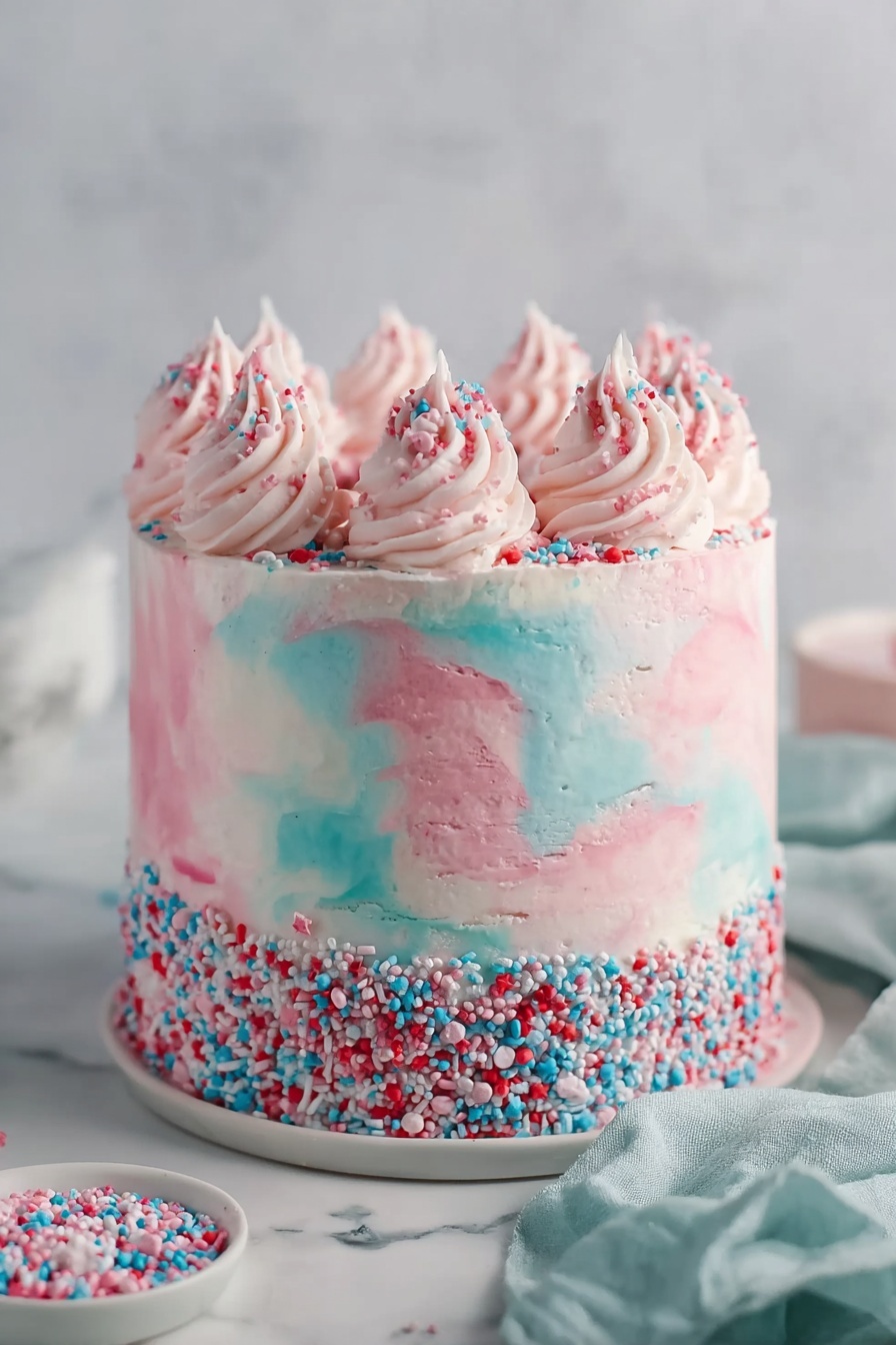 Watercolor Cake with Buttercream Frosting Recipe 8 The cake is tall with multiple layers covered in smooth pastel swirls of pink, blue, and white frosting. The bottom edge is coated with colorful sprinkles in red, white, and blue, adding a textured border. On top, there are eight evenly spaced tall swirls of pink frosting, each topped with small round sprinkles in matching colors. The cake sits on a white plate on a white marbled surface, with a soft light blue cloth draped nearby. Photo taken with an iphone --ar 2:3 --v 7 - Watercolor Cake with Buttercream Frosting, watercolor cake tutorial, elegant birthday cake, pastel buttercream cake, artistic celebration cake