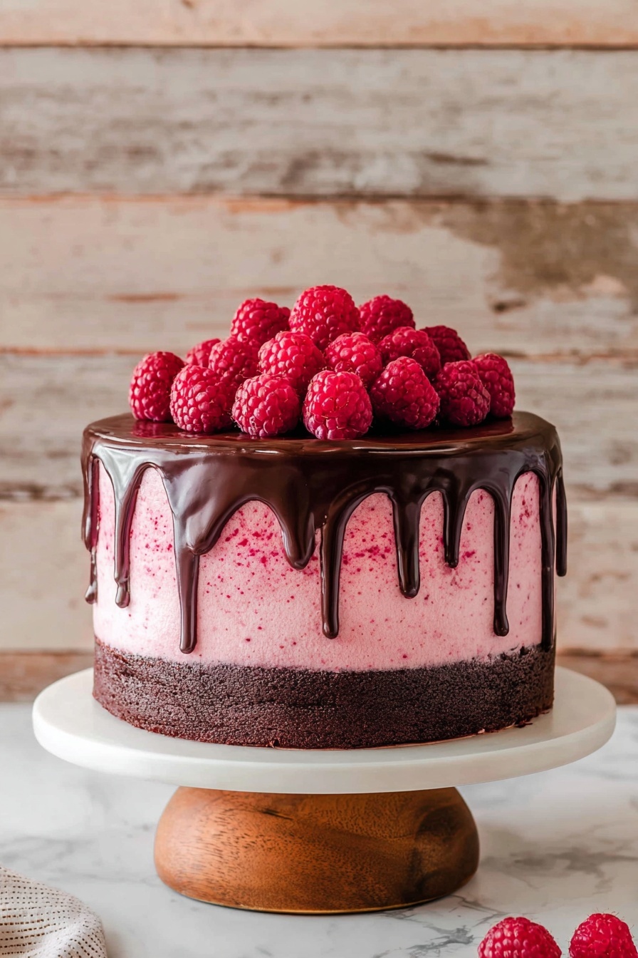 Chocolate Raspberry Cake Recipe 6 This image shows a three-layer dark chocolate cake with bright pink frosting between each layer and covering the sides. The top layer is coated with shiny dark chocolate glaze that drips slightly down the sides. Fresh red raspberries are piled high on the top, adding a fresh and bold red color. The cake sits on a white cake stand with a wooden base, placed on a white marbled surface. In the front, there are white plates with slices of the same cake, and a small white bowl full of raspberries is also visible. The background has a warm wood texture. photo taken with an iphone --ar 2:3 --v 7 - Chocolate Raspberry Cake, decadent chocolate raspberry cake, easy chocolate raspberry dessert, how to make chocolate raspberry cake, raspberry chocolate layer cake