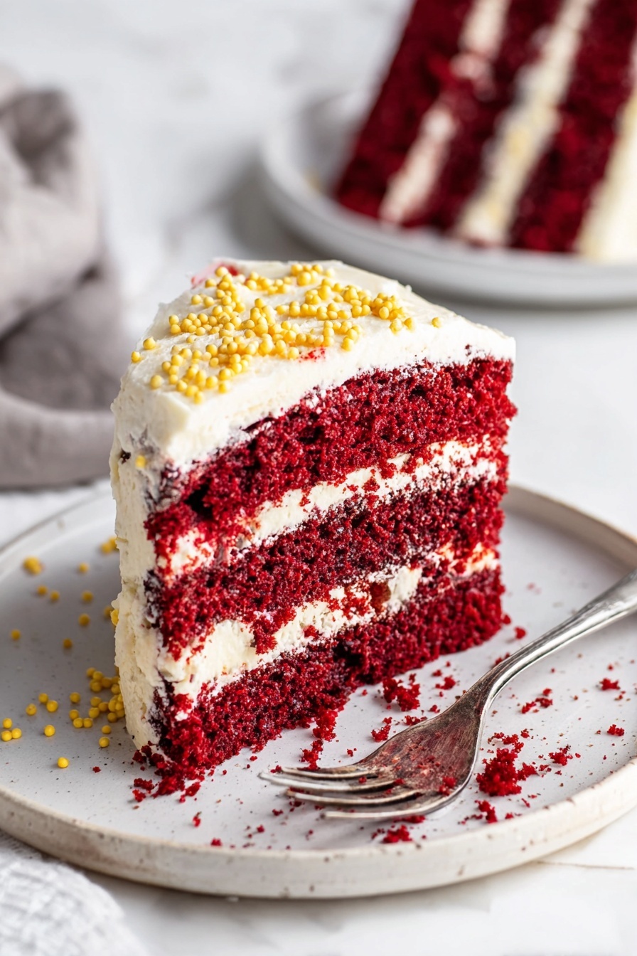 Red Velvet Cake with Cream Cheese Frosting Recipe 6 A smooth, round cake with two layers is covered in creamy white frosting that has a slightly textured finish. The cake is placed on a white marbled cake stand with a wooden base. The top of the cake is decorated with small, round sprinkles in white and gold, arranged in a ring around the edge. The background shows a white marbled texture surface with a blue cloth nearby and part of a white plate with cutlery on the right side. photo taken with an iphone --ar 2:3 --v 7 - Red Velvet Cake with Cream Cheese Frosting, best red velvet cake recipe, homemade red velvet cake, easy red velvet cake, moist red velvet cake