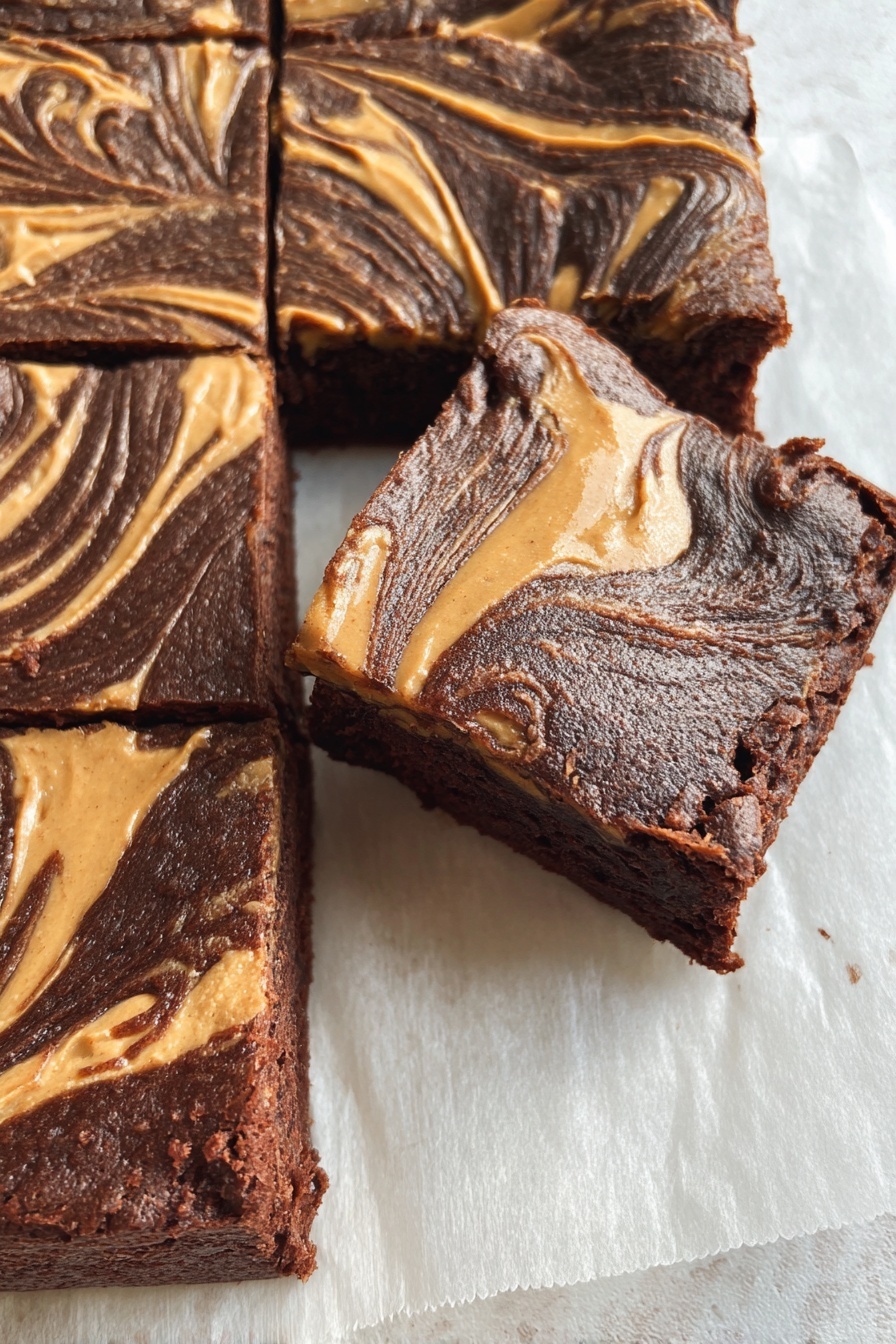 Banana Peanut Butter Brownies Recipe 8 The image shows a close-up of a square chocolate brownie with peanut butter swirls on top. The brownie is cut into smaller squares, and the top layer features a smooth mix of dark brown chocolate and light tan peanut butter in curly, marbled patterns. The inside of the brownie looks dense and moist with a rich texture. The brownie is placed on white parchment paper over a white marbled surface, and one piece is slightly moved out from the main block, showing the thickness and soft inside. Photo taken with an iphone --ar 2:3 --v 7 - Banana Peanut Butter Brownies, healthy brownie recipe, egg-free chocolate brownies, gluten-free dessert, easy chocolate banana treats
