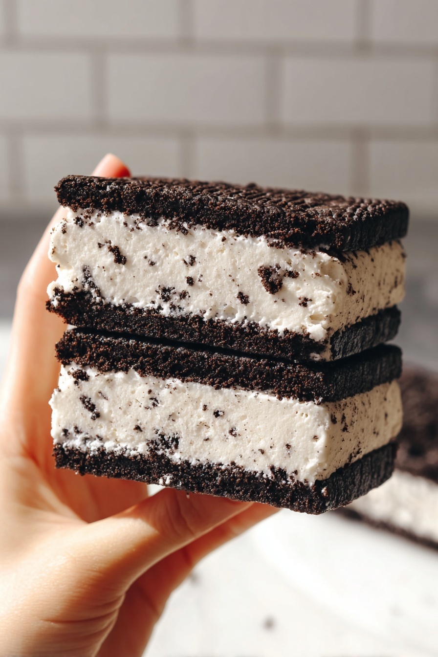 Oreo Ice Cream Sandwiches Recipe 6 A close-up view of a thick ice cream sandwich held by a woman's hand. The sandwich has three layers: two dark brown, almost black, soft cookie layers on the top and bottom with a thick middle layer of light cream-colored ice cream speckled with small dark cookie crumbs. The texture of the cookie layers looks moist and dense, while the ice cream is creamy and slightly melting around the edges. The background shows a white marbled surface and blurred tiles that add a clean simple look. Photo taken with an iphone --ar 2:3 --v 7 - Oreo Ice Cream Sandwiches, Oreo dessert recipes, easy ice cream sandwiches, no bake Oreo treats, creamy ice cream sandwich ideas