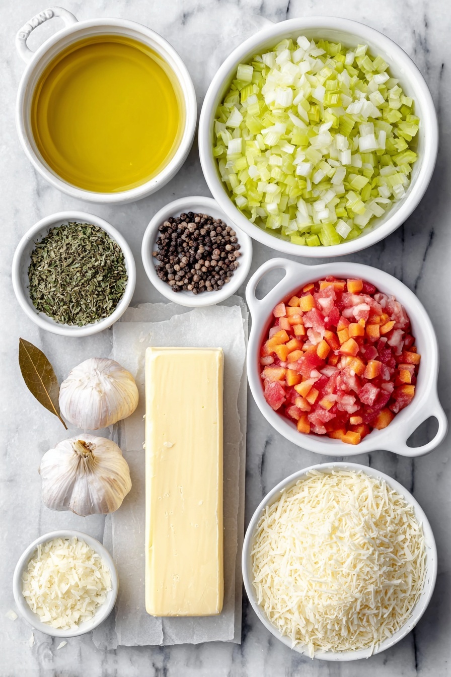 Tomato Basil Parmesan Soup Recipe 7 Flat lay of a small white ceramic bowl of golden olive oil, a neat pile of finely diced bright orange carrots, a small mound of finely diced pale green celery, a small heap of finely diced white onions, three whole uncracked garlic cloves, a small white bowl filled with dried greenish oregano, a small white bowl of dried dark green basil leaves, a small white bowl of coarse white salt, a small white bowl of whole black peppercorns, a white ceramic bowl holding plump red petite diced tomatoes with juice, a small white ceramic bowl filled with clear vegetable broth, a single dried brown bay leaf, a rectangular stick of pale yellow salted butter, a small white bowl of fine white flour, a small white bowl overflowing with freshly grated pale yellow parmesan cheese, and a small white bowl of creamy off-white half and half arranged with perfect symmetry, placed on a clean white marble surface, soft natural light, photo taken with an iPhone, professional food photography style, fresh ingredients, white ceramic bowls, no bottles, no duplicates, no utensils, no packaging --ar 2:3 --v 7 --p m7354615311229779997 - Tomato Basil Parmesan Soup, easy tomato soup with basil and Parmesan, creamy tomato basil soup, homemade tomato basil soup, cozy comforting tomato soup
