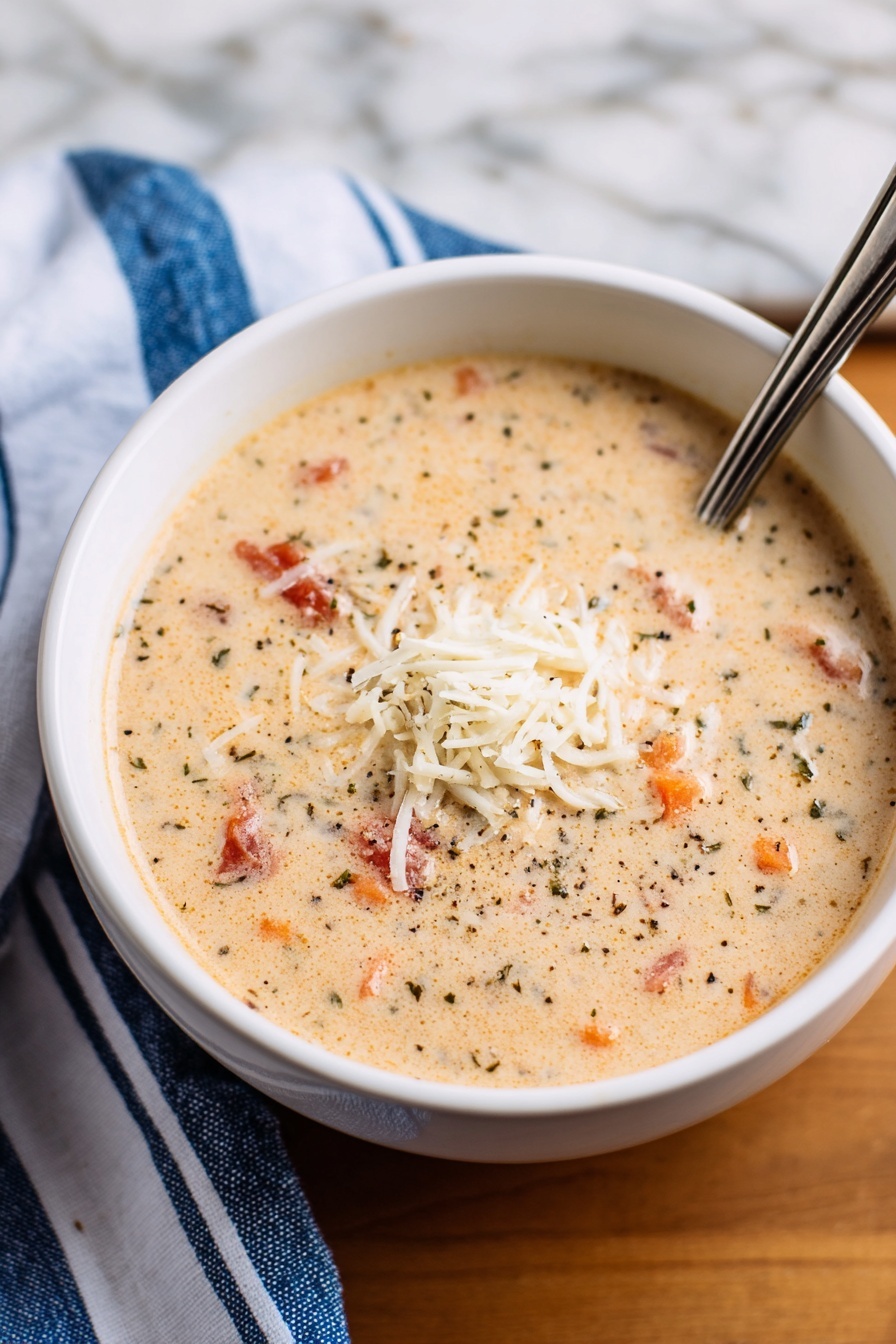 Tomato Basil Parmesan Soup Recipe 6 A creamy soup served in a white bowl showing a thick light beige liquid base with small pieces of orange carrots, red tomatoes, and herbs scattered throughout. There is a small mound of shredded white cheese in the center on top, and tiny black pepper specks spread over the surface of the soup. A metal spoon is placed inside the bowl at the back right edge. The bowl sits on a wooden table next to a blue and white striped cloth. The background has a white marbled texture. photo taken with an iphone --ar 2:3 --v 7 - Tomato Basil Parmesan Soup, easy tomato soup with basil and Parmesan, creamy tomato basil soup, homemade tomato basil soup, cozy comforting tomato soup