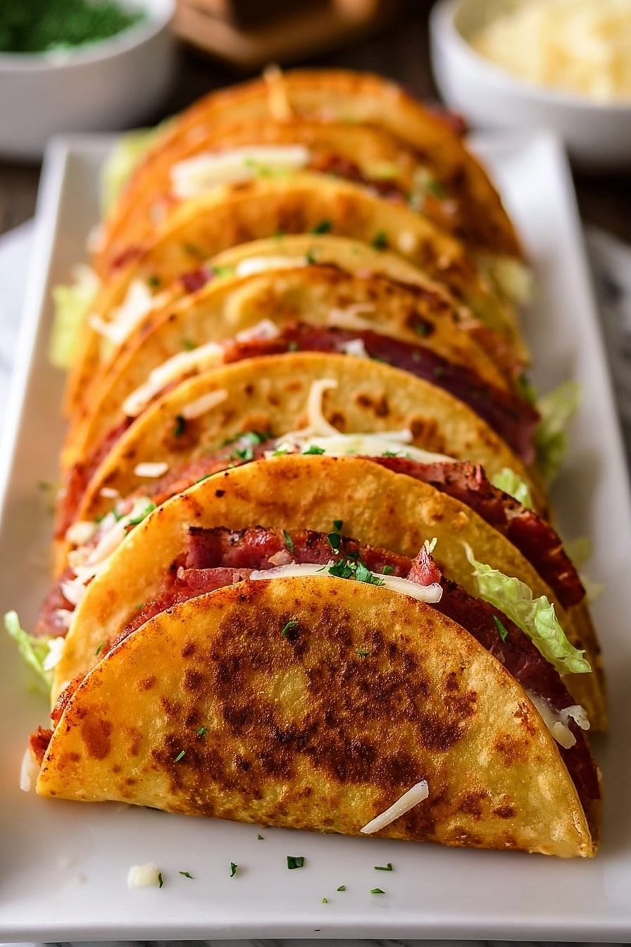 Irish Corned Beef Tacos Recipe 8 The image shows a row of six golden-brown tacos placed neatly on a long, white rectangular plate on a white marbled surface. Each taco has a crispy, browned outer shell with slight char marks on the surface. Inside, there are layers of deep red sliced meat, light yellow melted cheese, and a few green lettuce leaves, all slightly visible from the open side of the taco. The tacos are arranged closely, standing upright with the filling peeking out, and garnished with small green herbs sprinkled on top. The background also includes a blurred bowl of more cheese. Photo taken with an iphone --ar 2:3 --v 7 - Irish Corned Beef Tacos, Irish Corned Beef Tacos recipe, corned beef tacos with cabbage and mashed potatoes, Irish-inspired taco ideas, easy Irish taco dinner